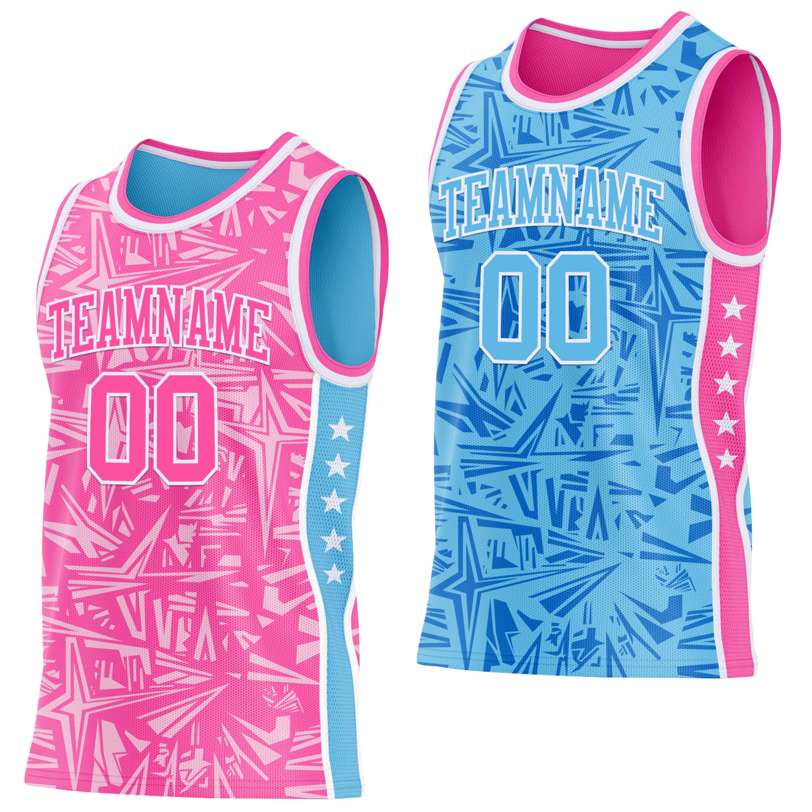 Custom Pink White-Sky Blue Side Panel Stripe Stars Geometric Shatter Starburst Reversible Double Side Sublimation Basketball Set Jersey