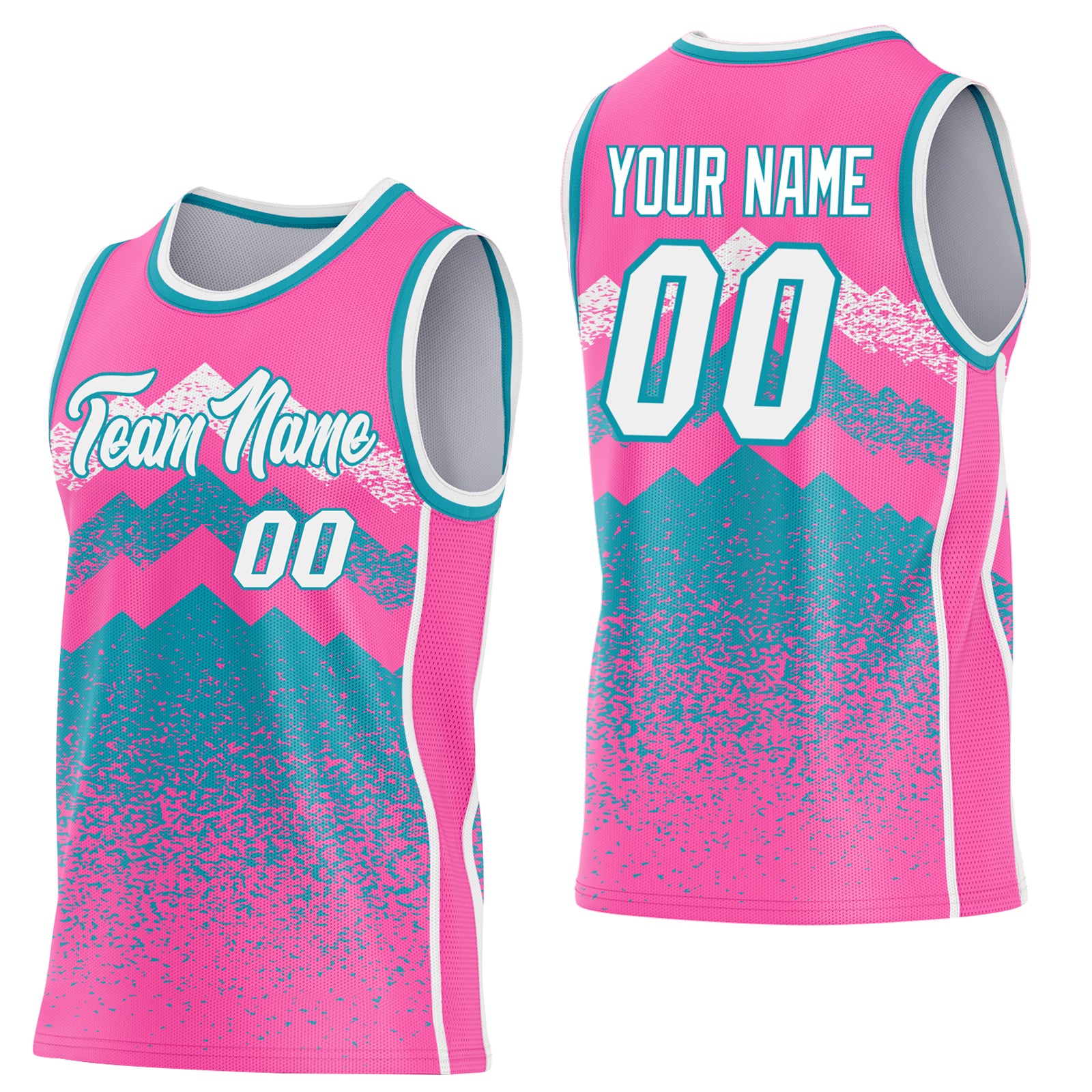 Custom Pink White-Teal Mountain Peak Shards Side Panel Stripe Round Neck Sublimation Basketball Set Jersey
