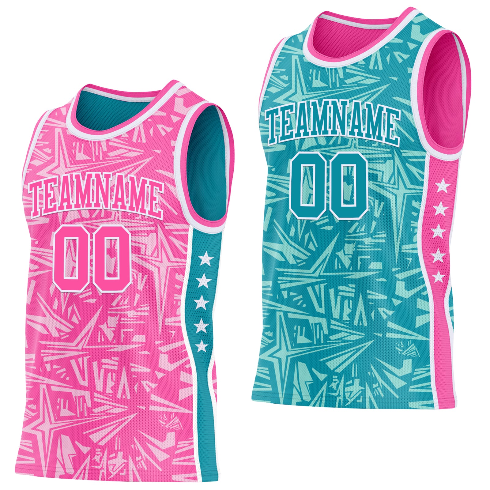 Custom Pink White-Teal Side Panel Stripe Stars Geometric Shatter Starburst Reversible Double Side Sublimation Basketball Set Jersey