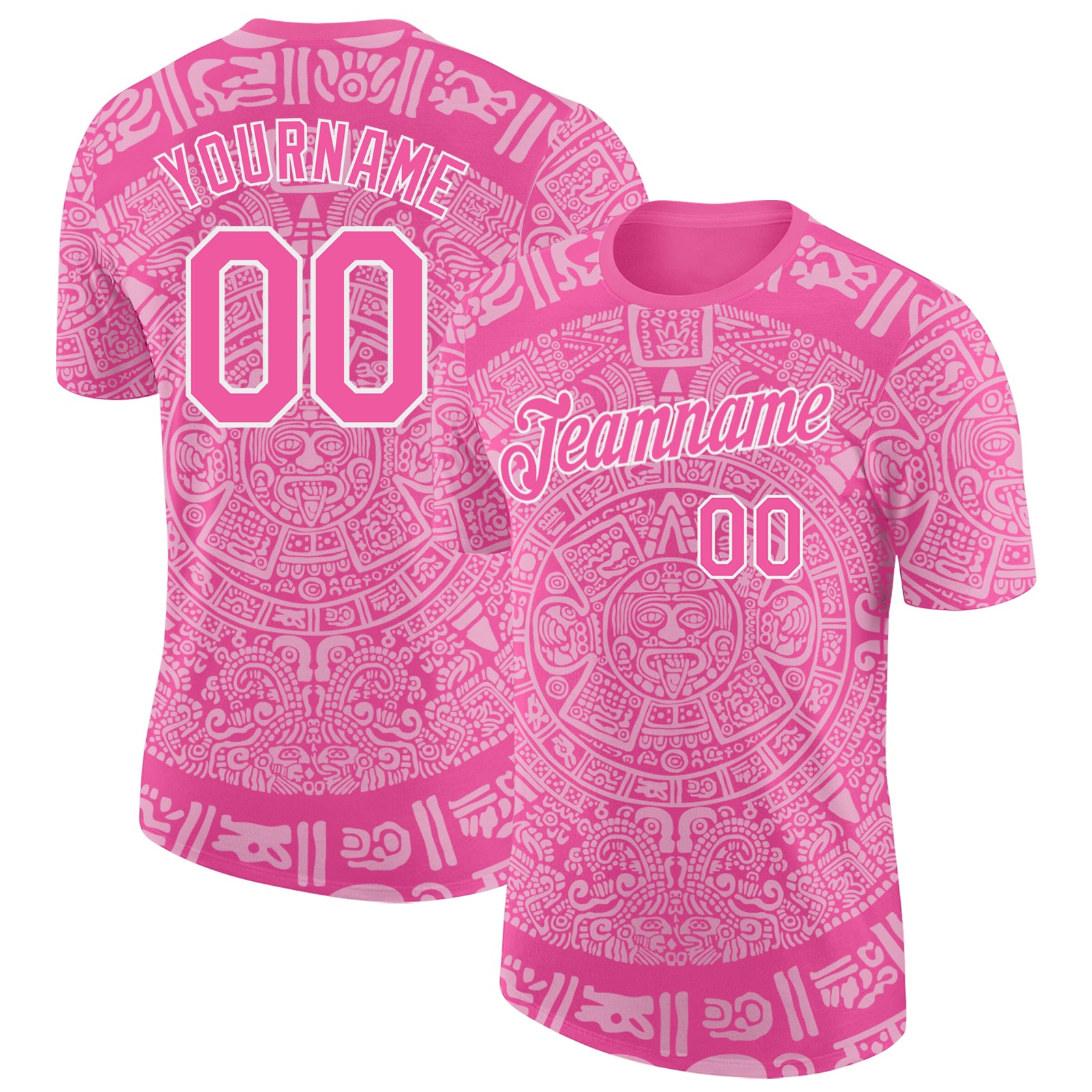 Custom Pink-White Tribal Ethnic Aztec Sun Stone 3D Pattern Performance T-Shirt