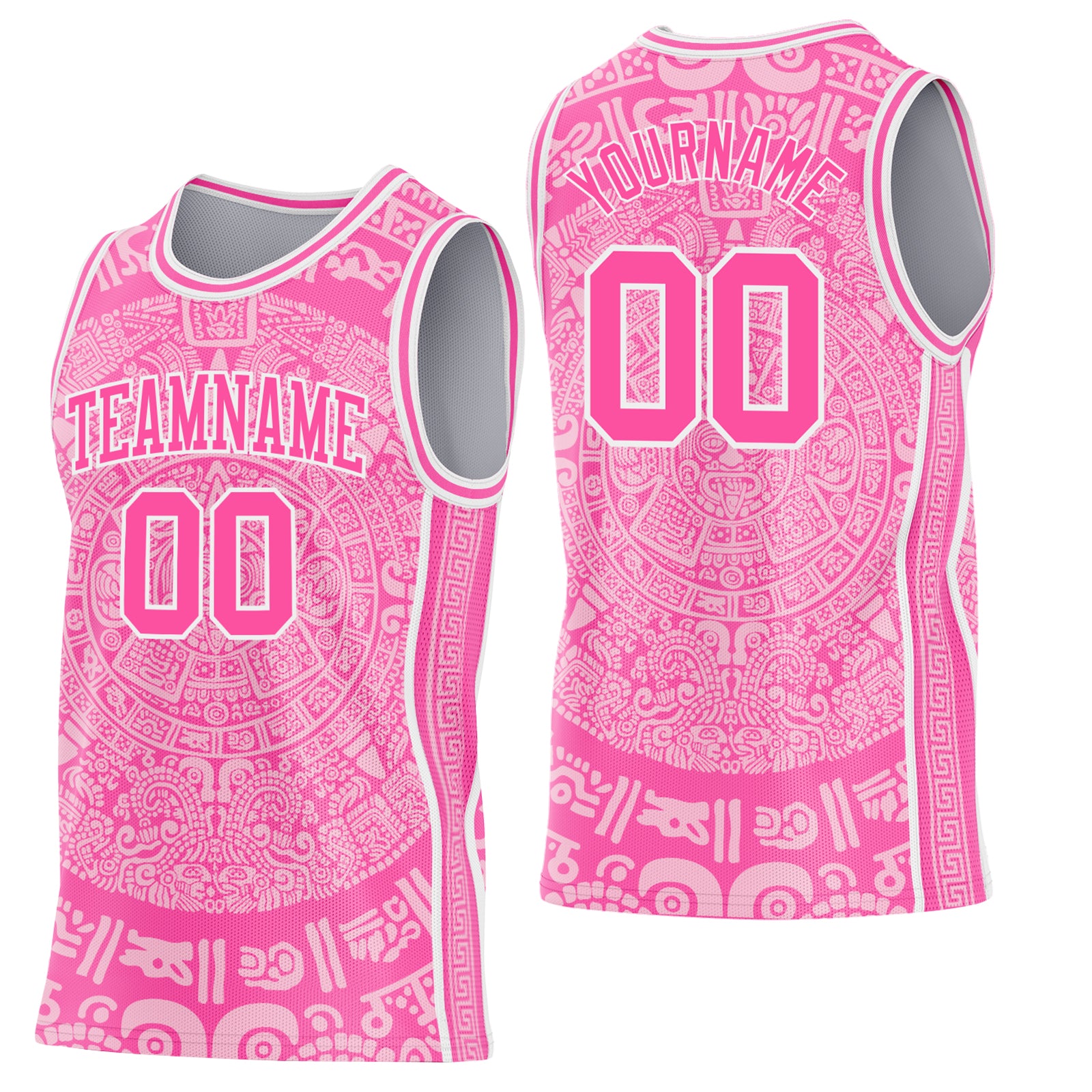 Custom Pink-White Tribal Ethnic Aztec Sun Stone Side Panel Stripe Round Neck Sublimation Basketball Set Jersey