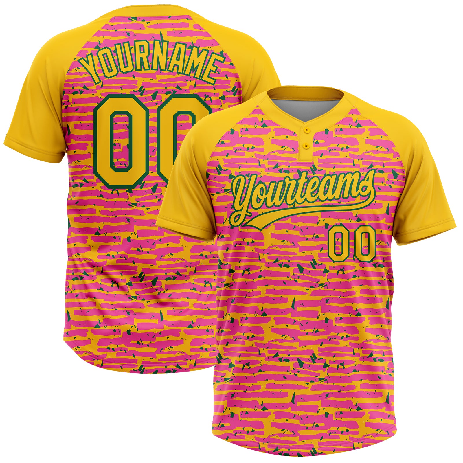 Custom Pink Yellow-Kelly Green Raglan Sleeves Distressed Fragment Brush Stroke Two-Button Unisex Softball Jersey