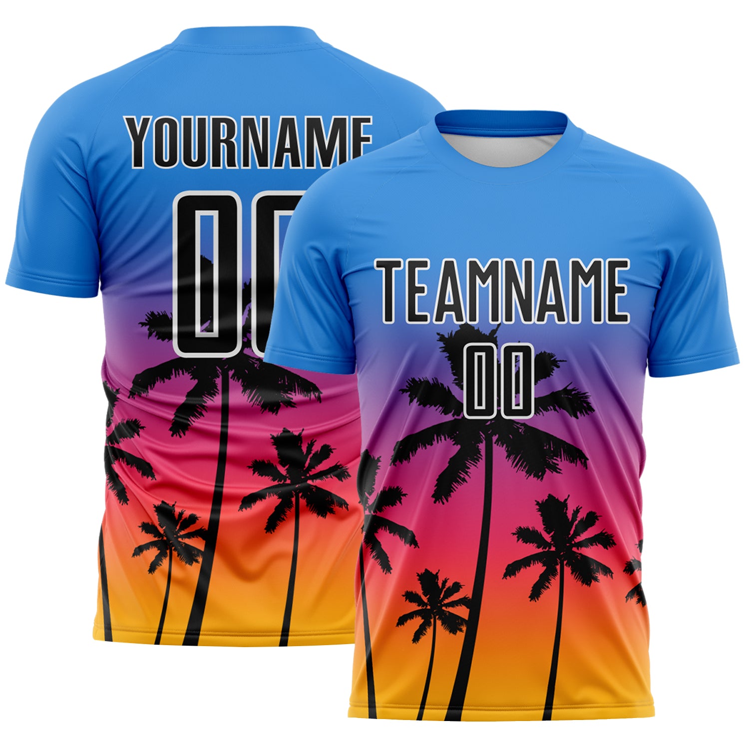 Custom Powder Blue Black Neon Pink Gold-White Tropical Hawaii Palm Trees Gradient Sublimation Soccer Uniform Jersey