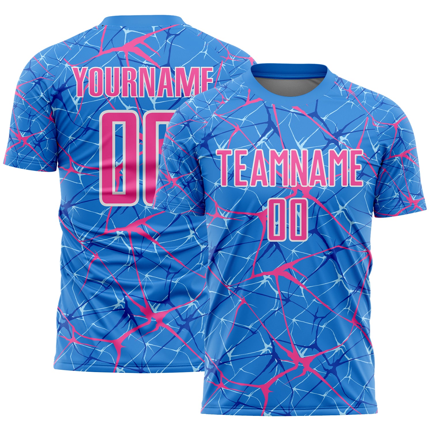 Custom Powder Blue Pink-White Abstract Network Crackle Sublimation Soccer Uniform Jersey
