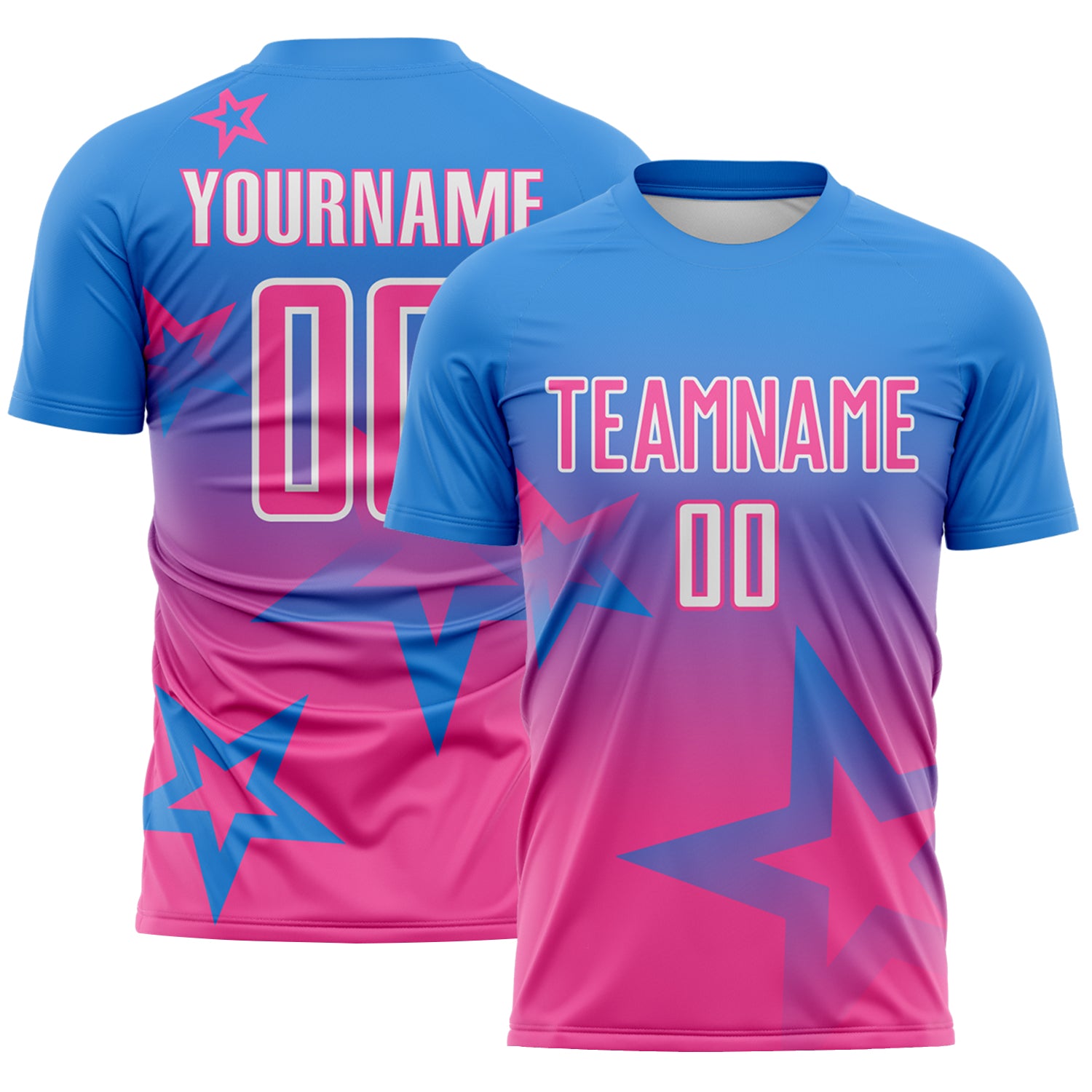 Custom Powder Blue Pink-White Gradient Style Twinkle Star Sublimation Soccer Uniform Jersey