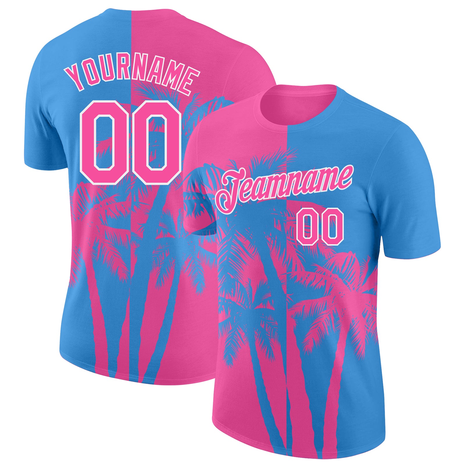 Custom Powder Blue Pink-White Hawaii Tropical Coastal Palm Trees Performance T-Shirt