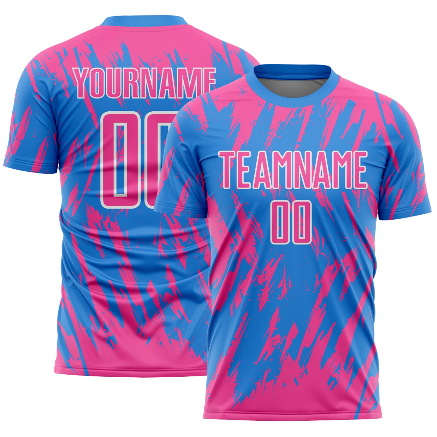 Custom Powder Blue Pink-White Splatter Torn Sharp Brush Stroke Sublimation Soccer Uniform Jersey