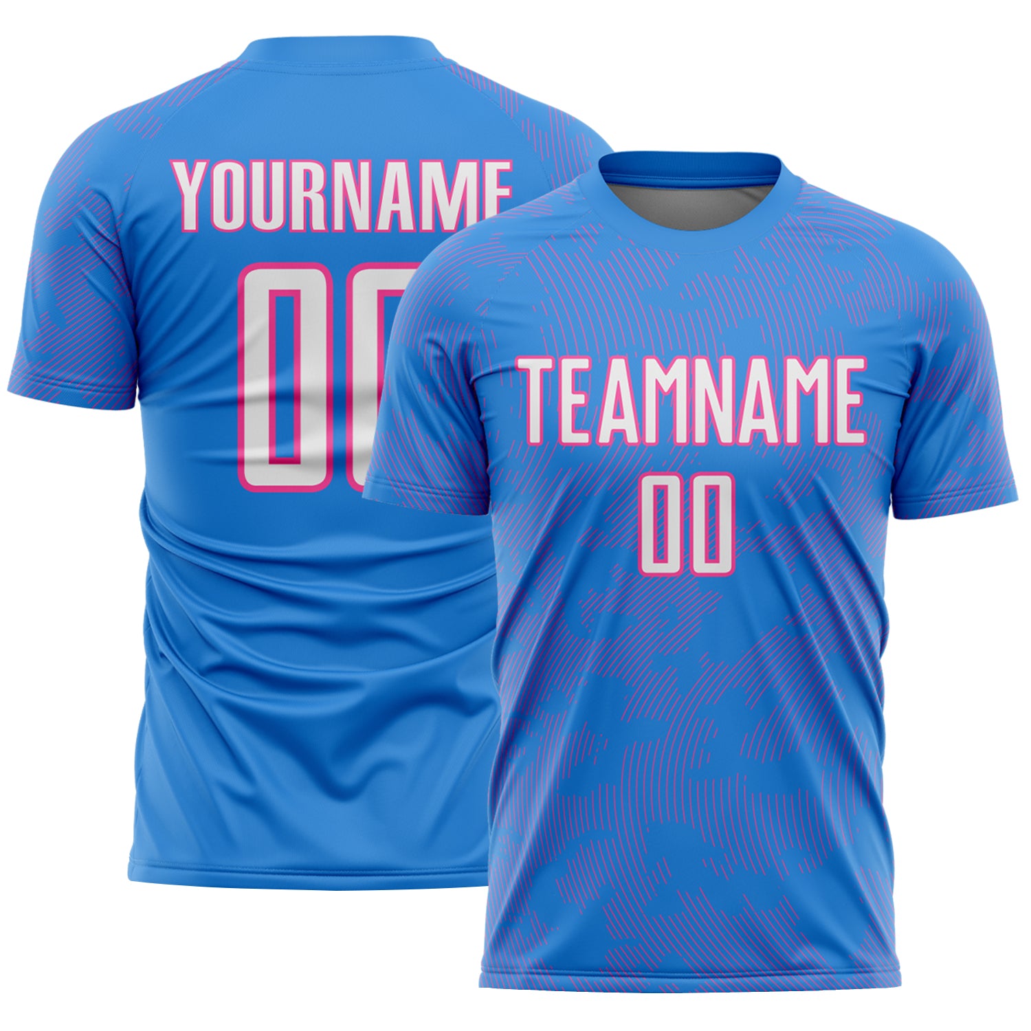 Custom Powder Blue White-Pink Curve Lines Sublimation Soccer Uniform Jersey