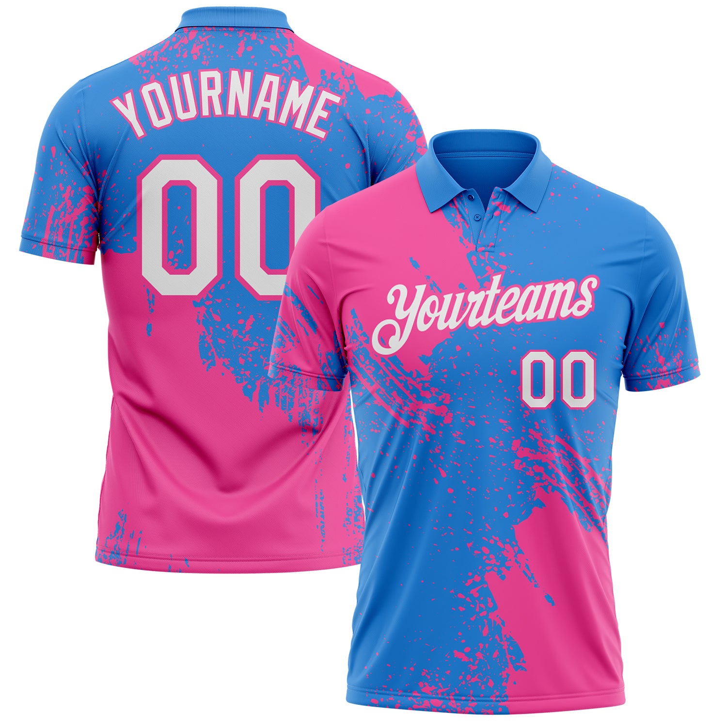 Custom Powder Blue White-Pink Distressed Scratch Brush Stroke Performance Polo Shirt