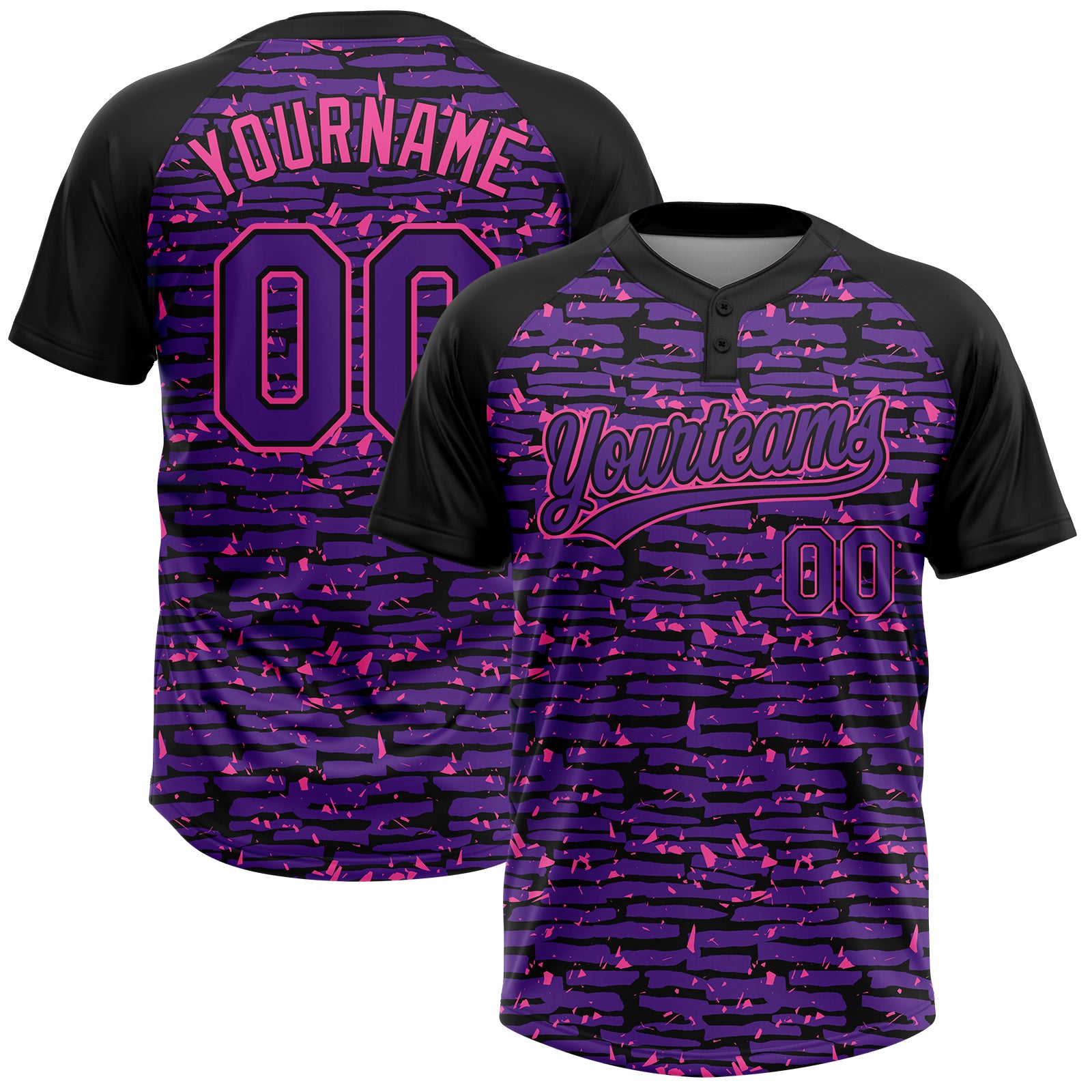 Custom Purple Black-Pink Raglan Sleeves Distressed Fragment Brush Stroke Two-Button Unisex Softball Jersey