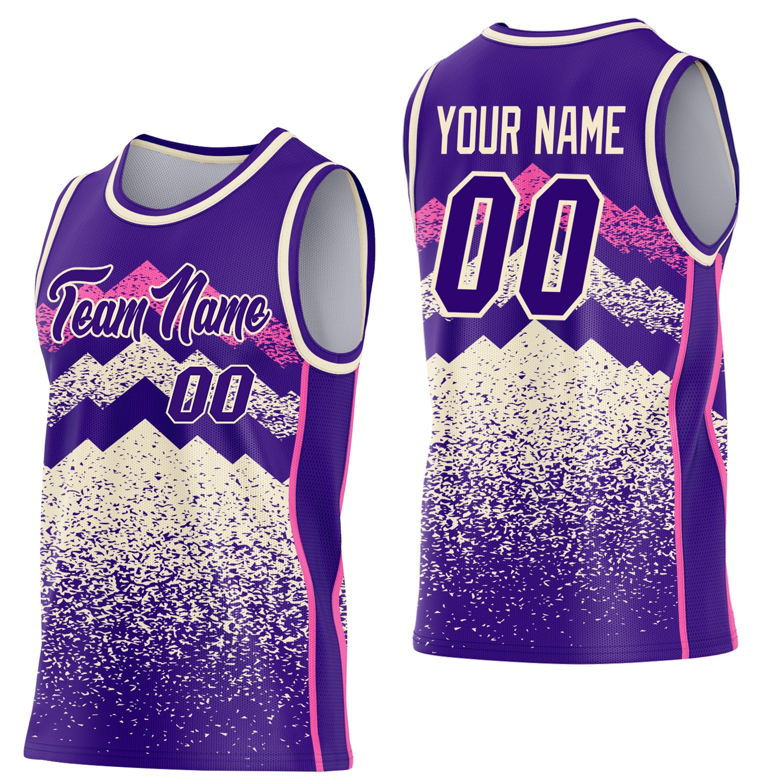 Custom Purple Cream-Pink Mountain Peak Shards Side Panel Stripe Round Neck Sublimation Basketball Set Jersey