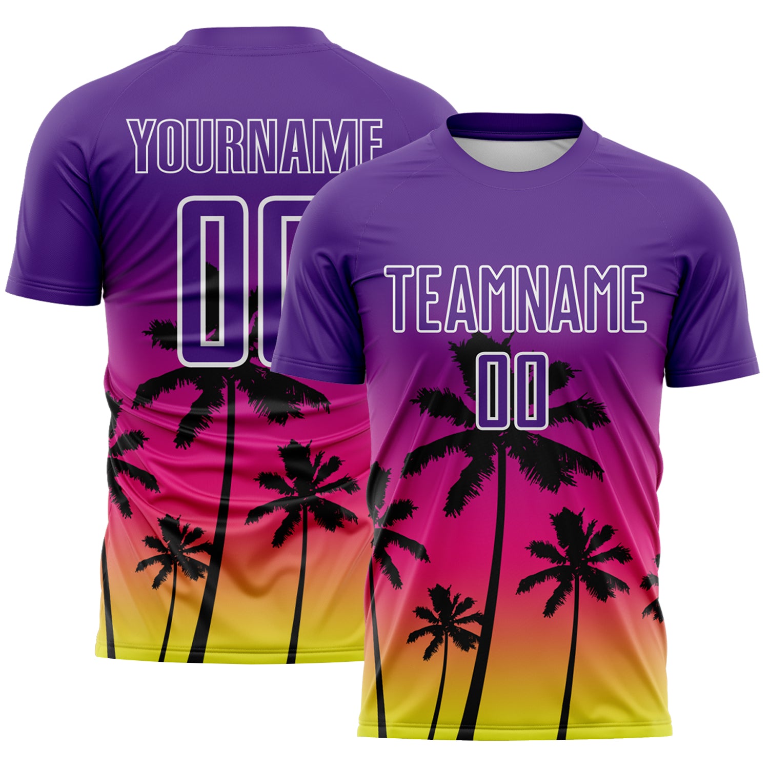 Custom Purple Hot Pink Neon Yellow-White Tropical Hawaii Palm Trees Gradient Sublimation Soccer Uniform Jersey