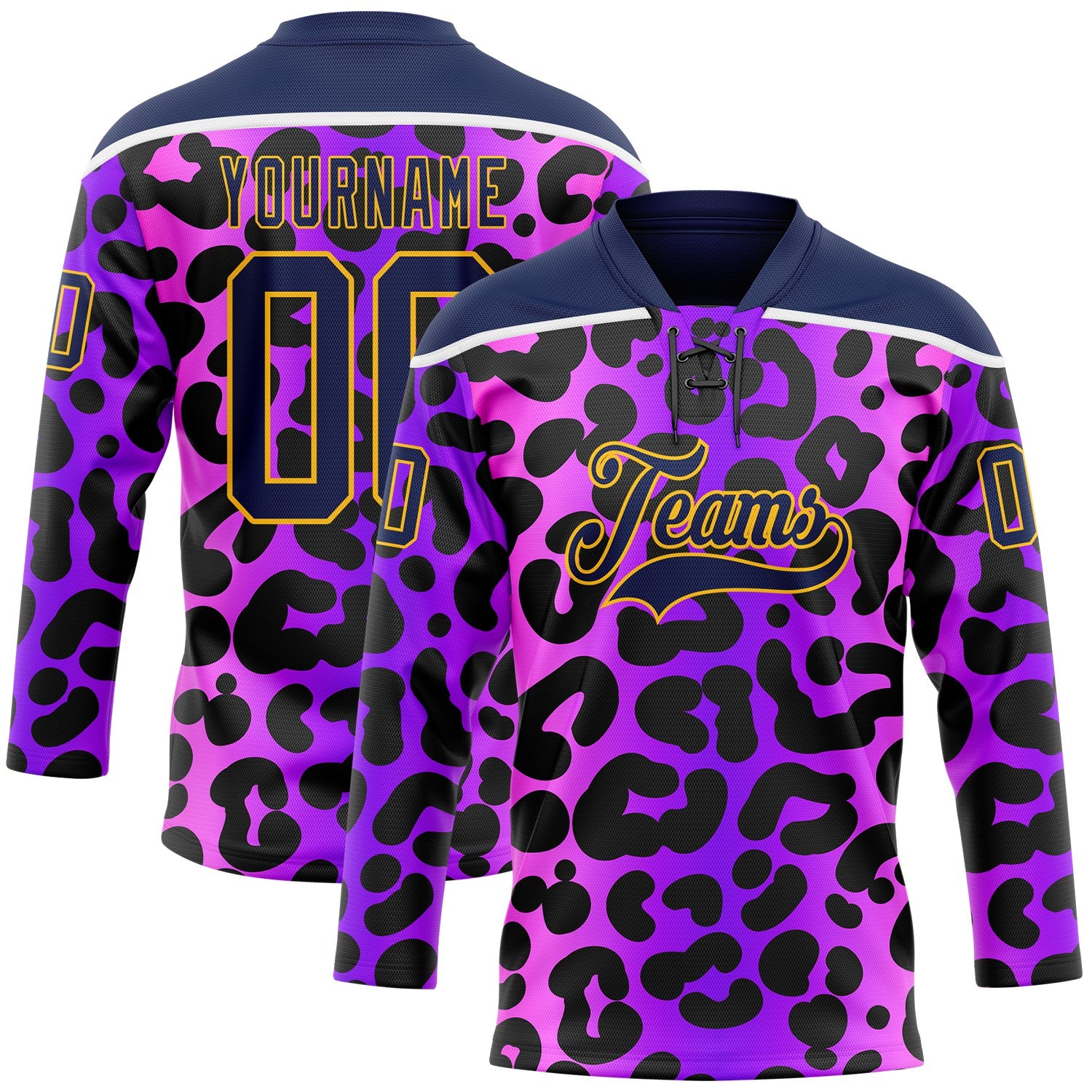 Custom Purple Navy Pink-Gold 3D Pattern Leopard Print Neon Hockey Lace Neck Jersey