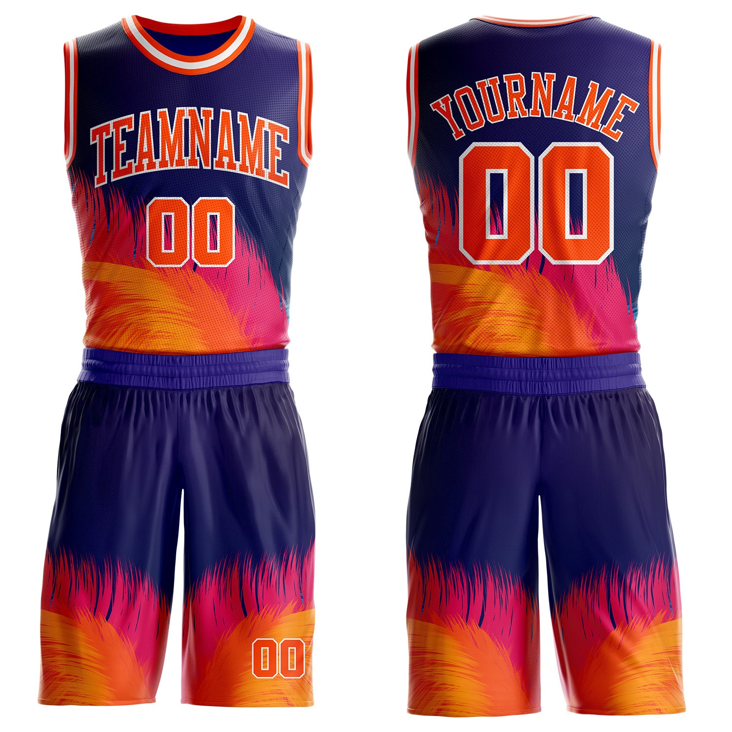 Custom Purple Orange Pink-White Feather Wing Boho Style Round Neck Sublimation Basketball Uniform Jersey