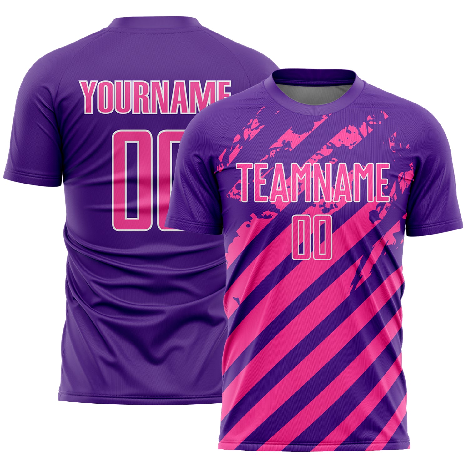Custom Purple Pink-White Distressed Diagonal Stripe Pattern Sports Sublimation Soccer Uniform Jersey