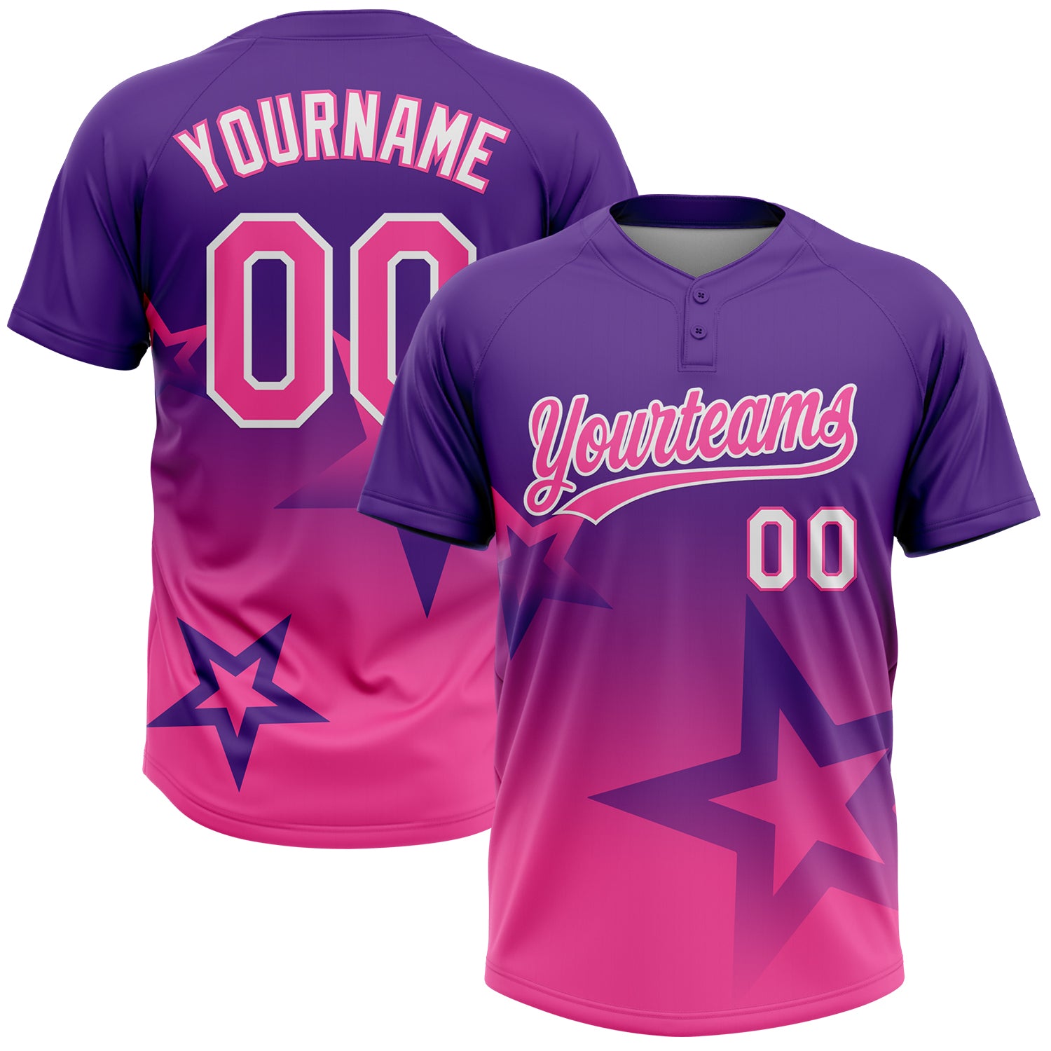 Custom Purple Pink-White Gradient Style Twinkle Star Two-Button Unisex Softball Jersey
