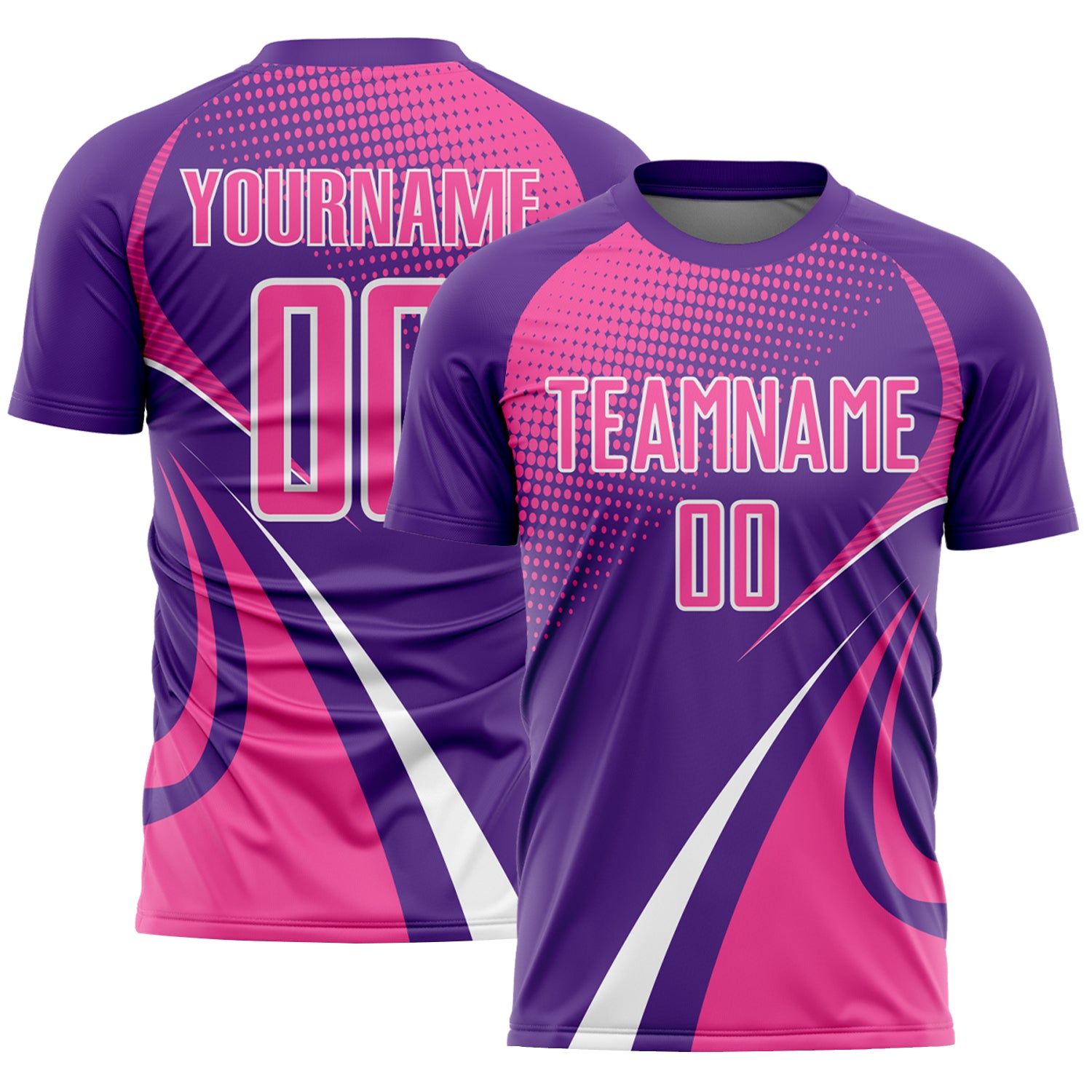 Custom Purple Pink-White Halftone Dot Dynamic Curve Stripe Sublimation Soccer Uniform Jersey
