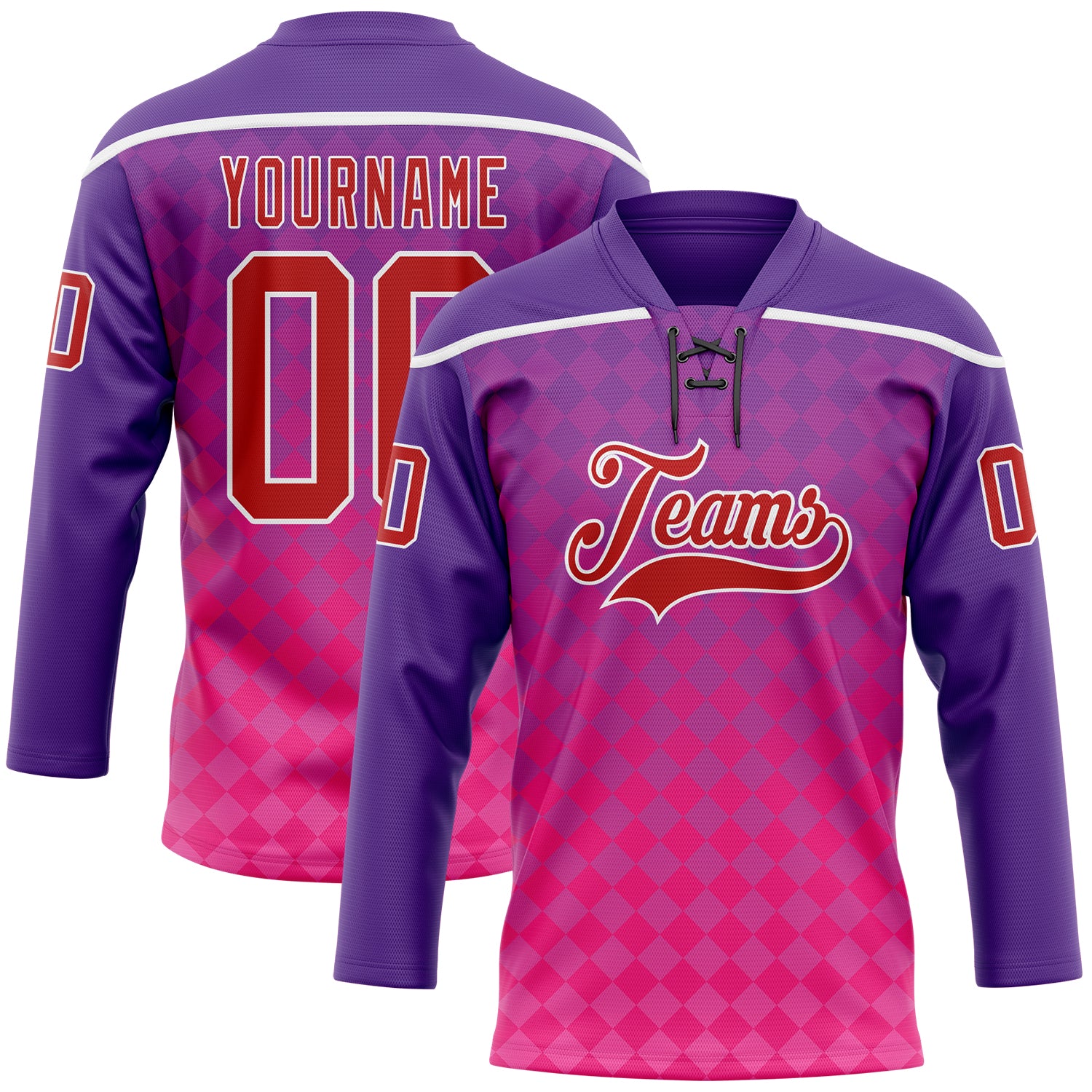 Custom Purple Red Pink-White 3D Pattern Abstract Gradient Halftone Hockey Lace Neck Jersey