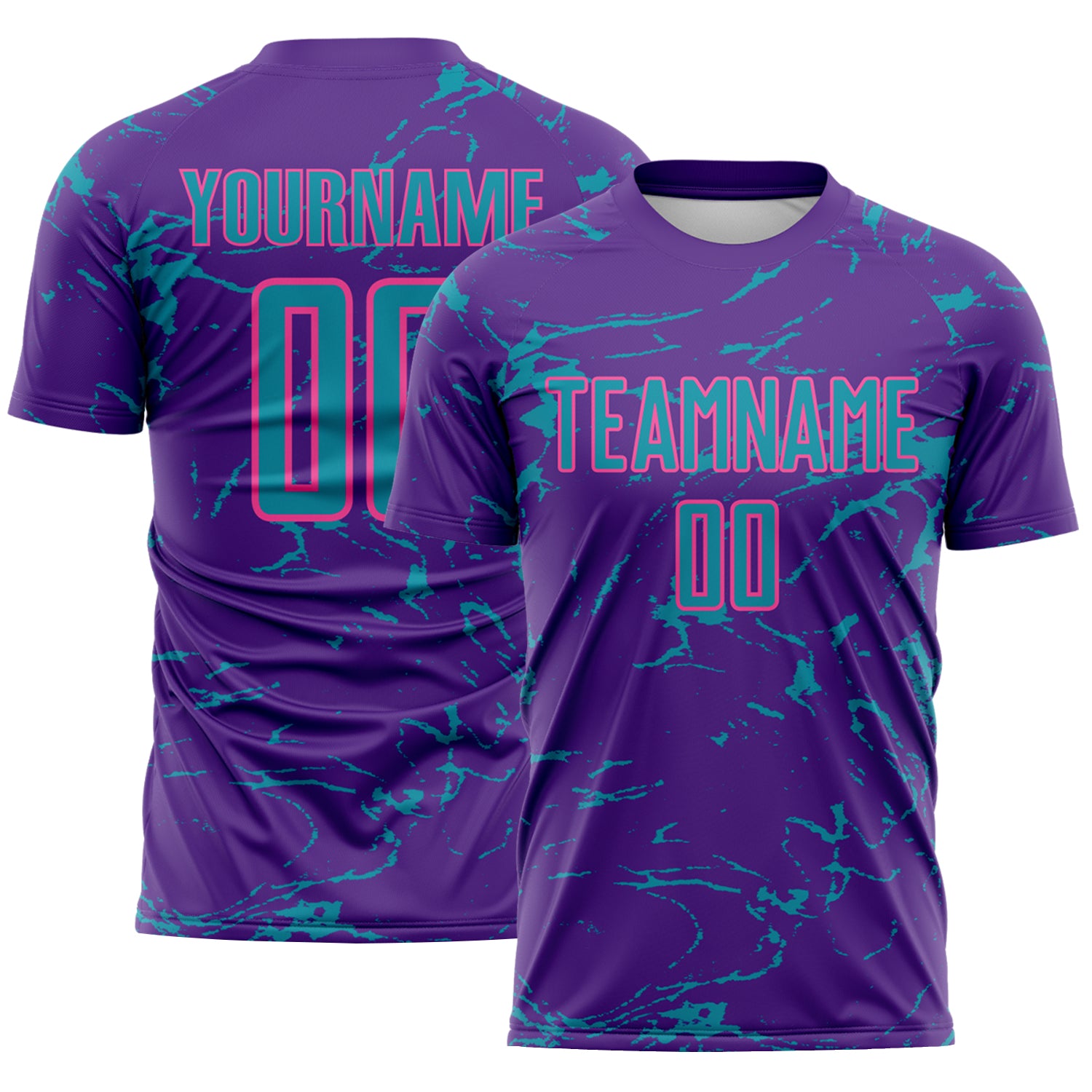 Custom Purple Teal-Pink Abstract Fluid Marble Sublimation Soccer Uniform Jersey