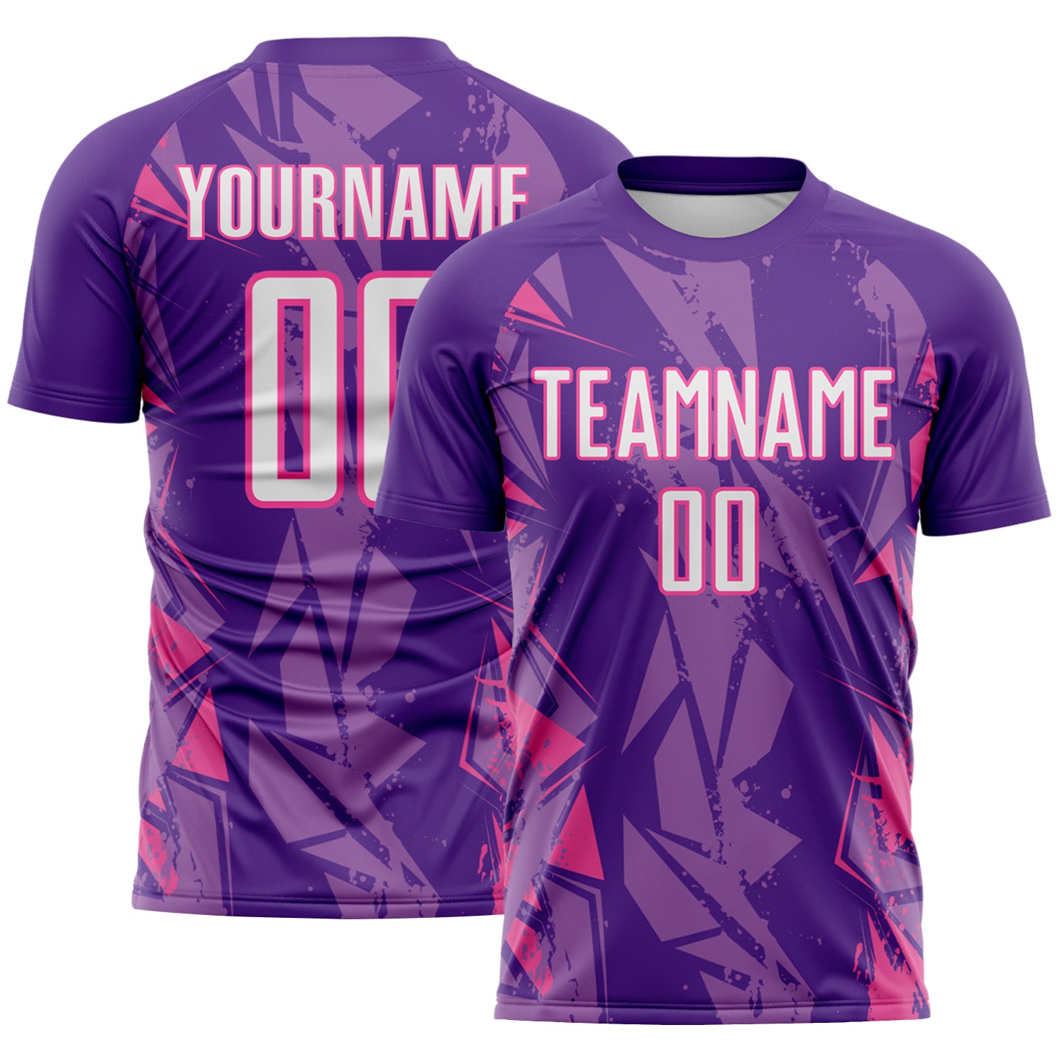 Custom Purple White-Pink Geometric Shard Grunge Splash Sublimation Soccer Uniform Jersey