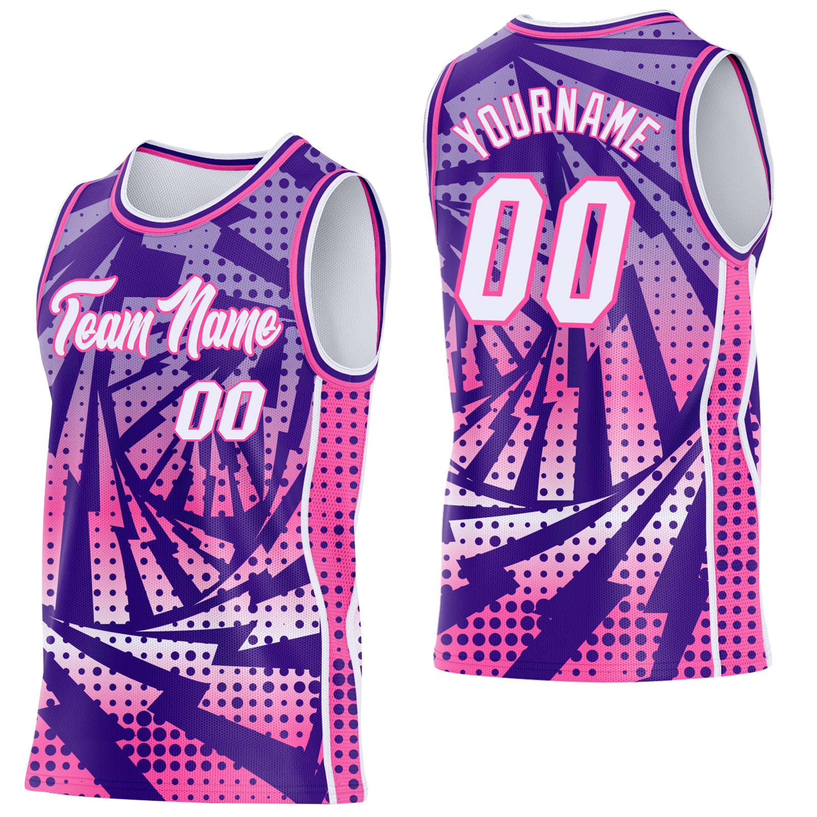 Custom Purple White-Pink Lightning Gradient Dot Side Panel Stripe Round Neck Sublimation Basketball Set Jersey