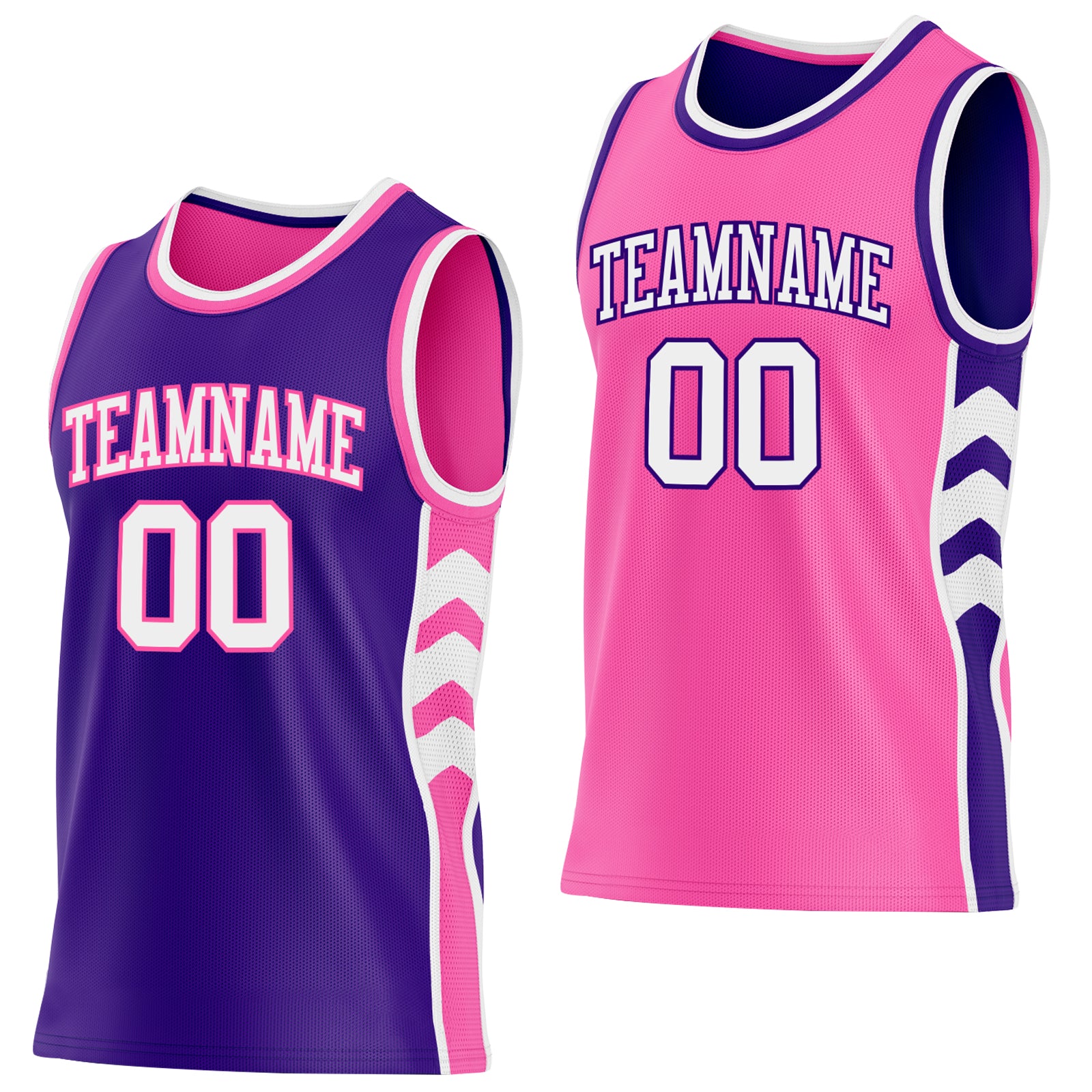 Custom Purple White-Pink Side Panel Geometric Chevron Reversible Double Side Sublimation Basketball Set Jersey