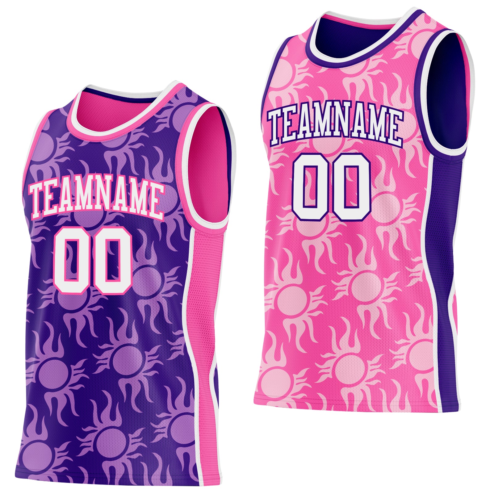 Custom Purple White-Pink Side Panel Stripe Sun Flame Reversible Double Side Sublimation Basketball Set Jersey