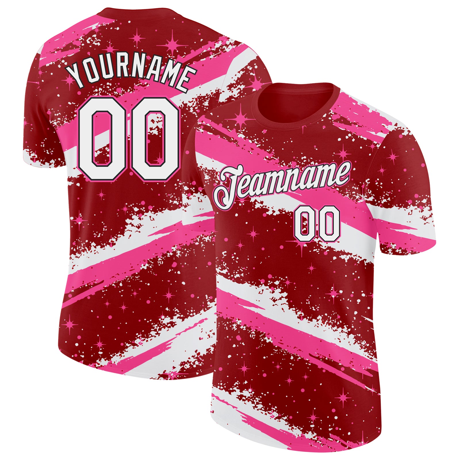 Custom Red White Pink-Black Brush Stroke Splatter Starburst Performance T-Shirt