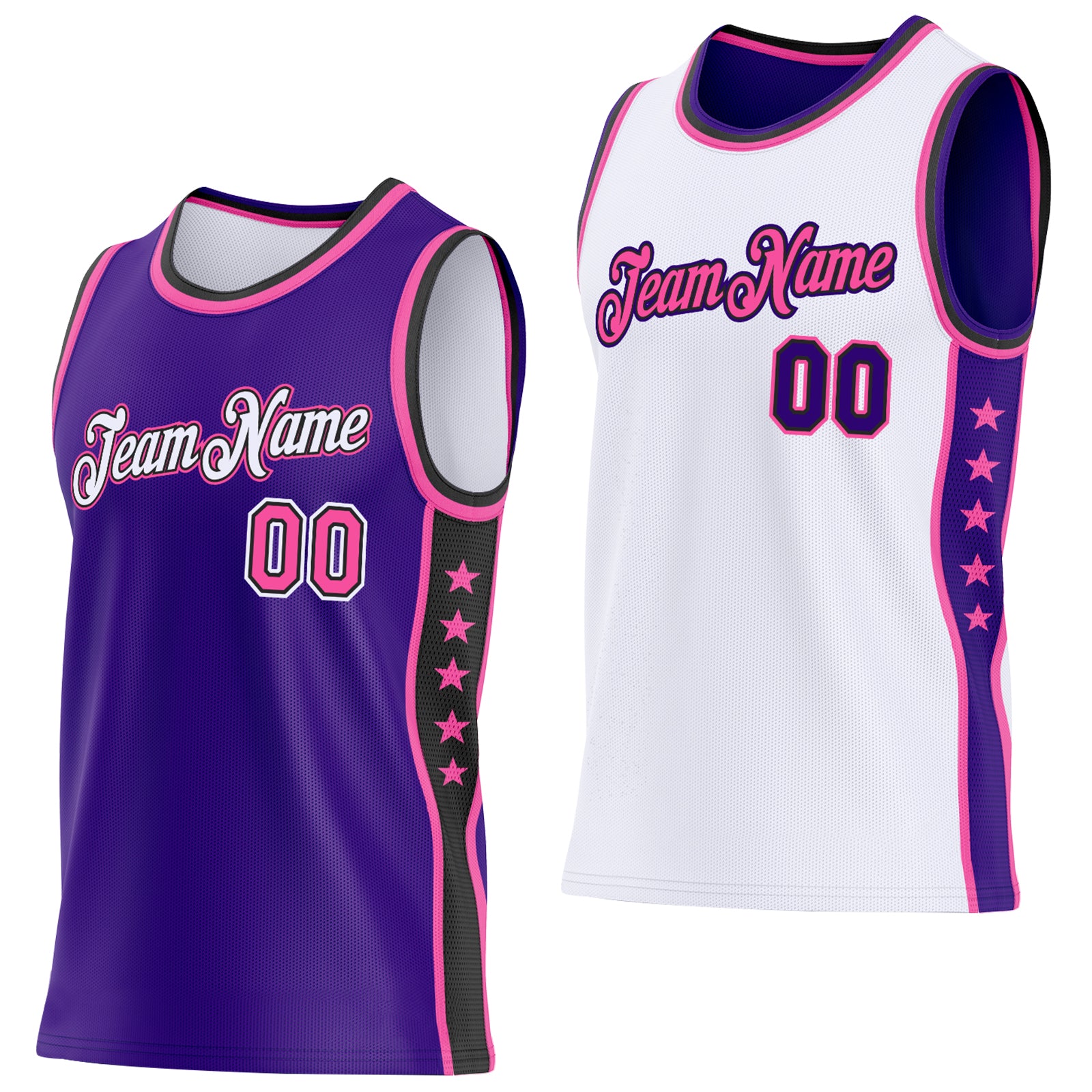 Custom Reversible Purple Pink White-Black Double Side Star Sublimation Basketball Suit Jersey