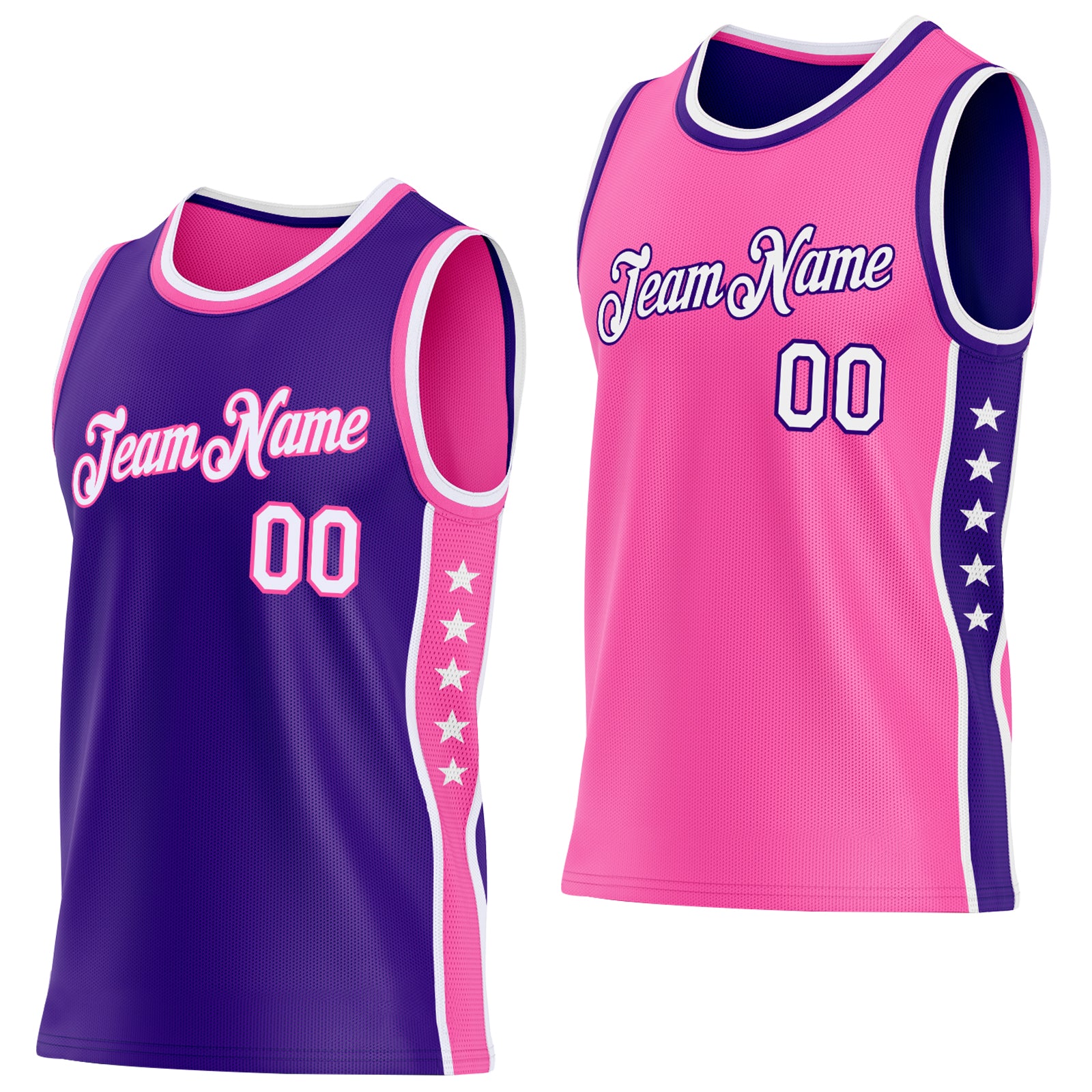 Custom Reversible Purple White-Pink Double Side Star Sublimation Basketball Suit Jersey