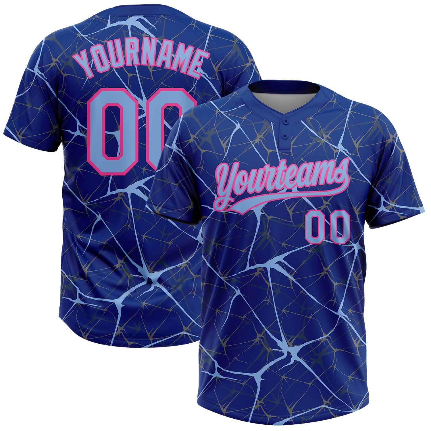 Custom Royal Light Blue-Pink 3D Pattern Design Abstract Network Two-Button Unisex Softball Jersey