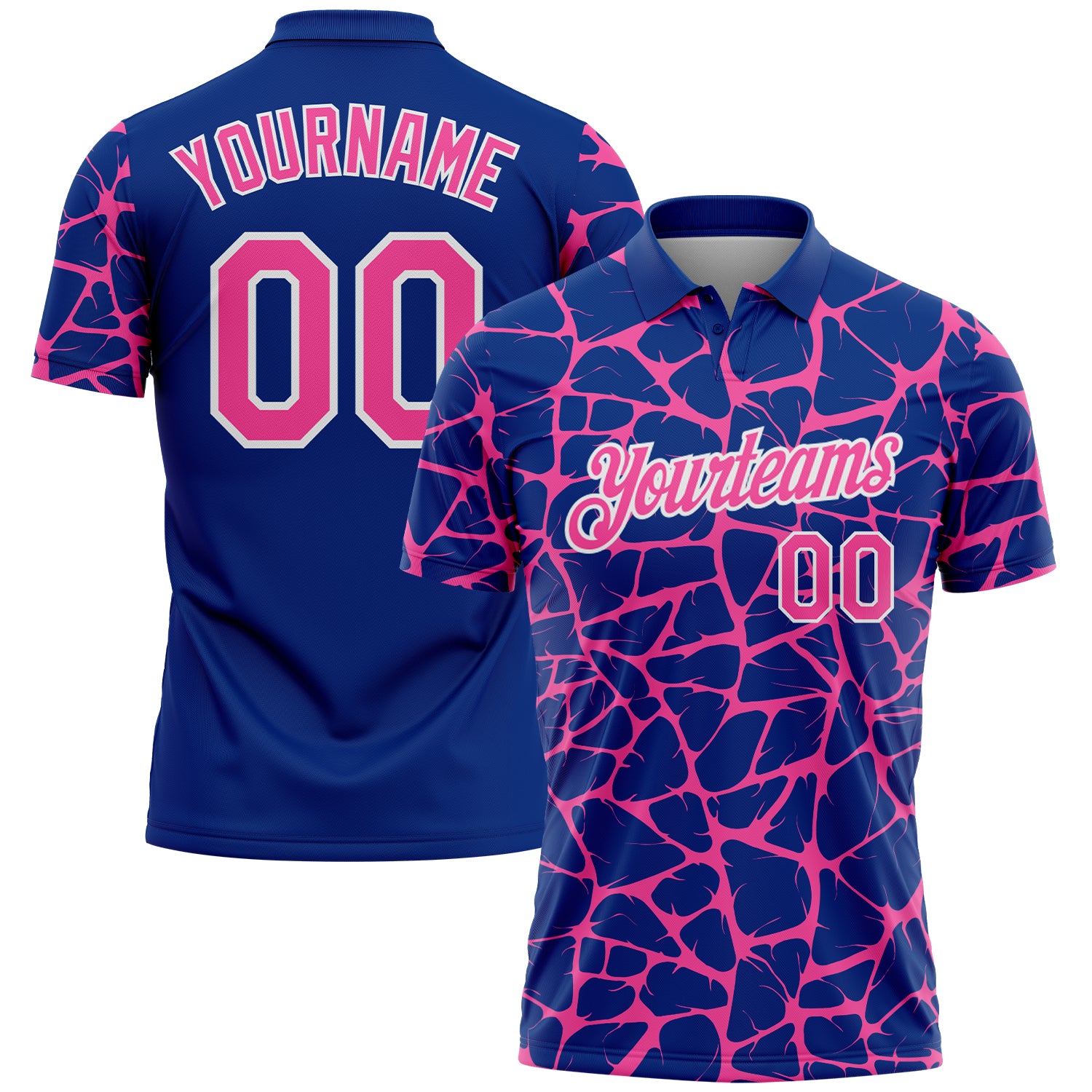 Custom Royal Pink-White 3D Pattern Abstract Network Crackle Performance Polo Shirt
