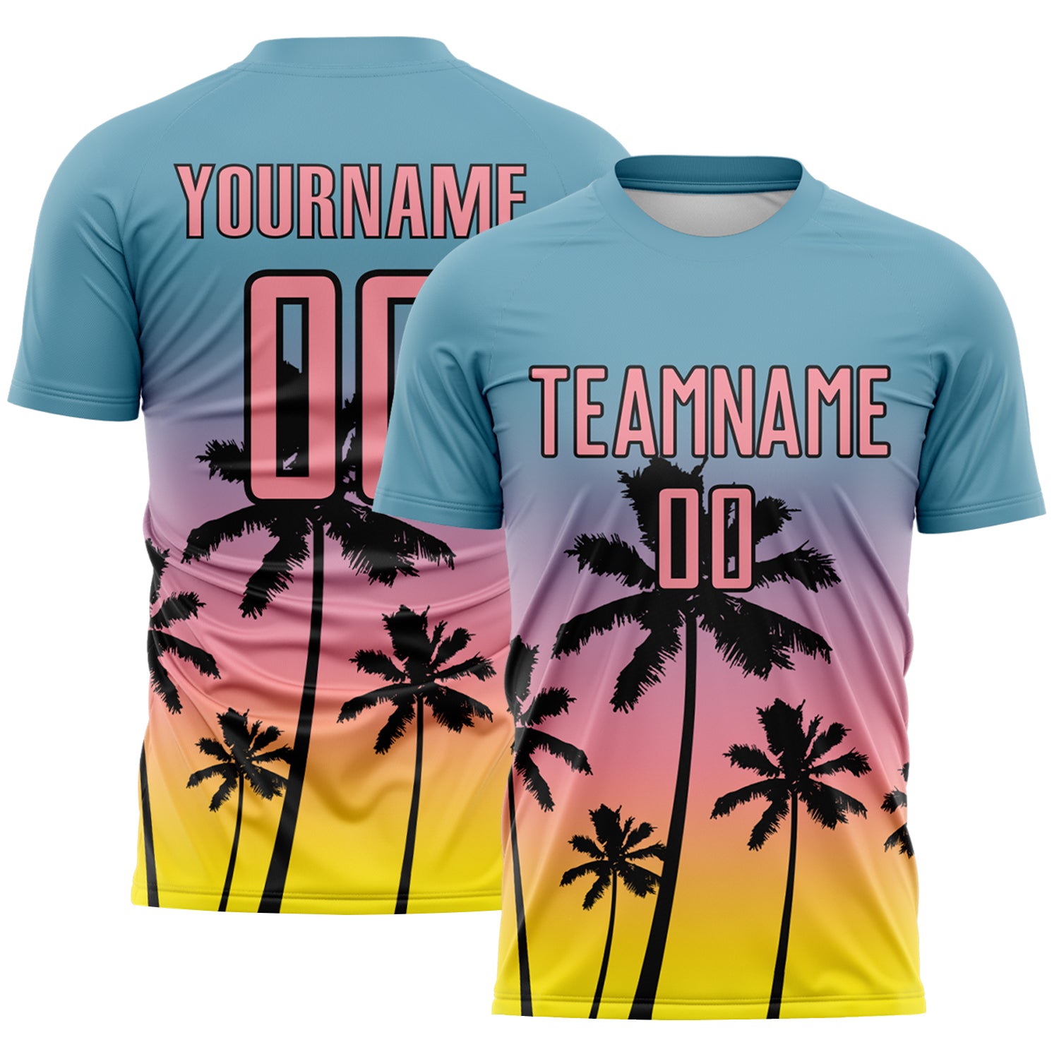 Custom Shadow Blue Medium Pink Light Yellow-Black Tropical Hawaii Palm Trees Gradient Sublimation Soccer Uniform Jersey
