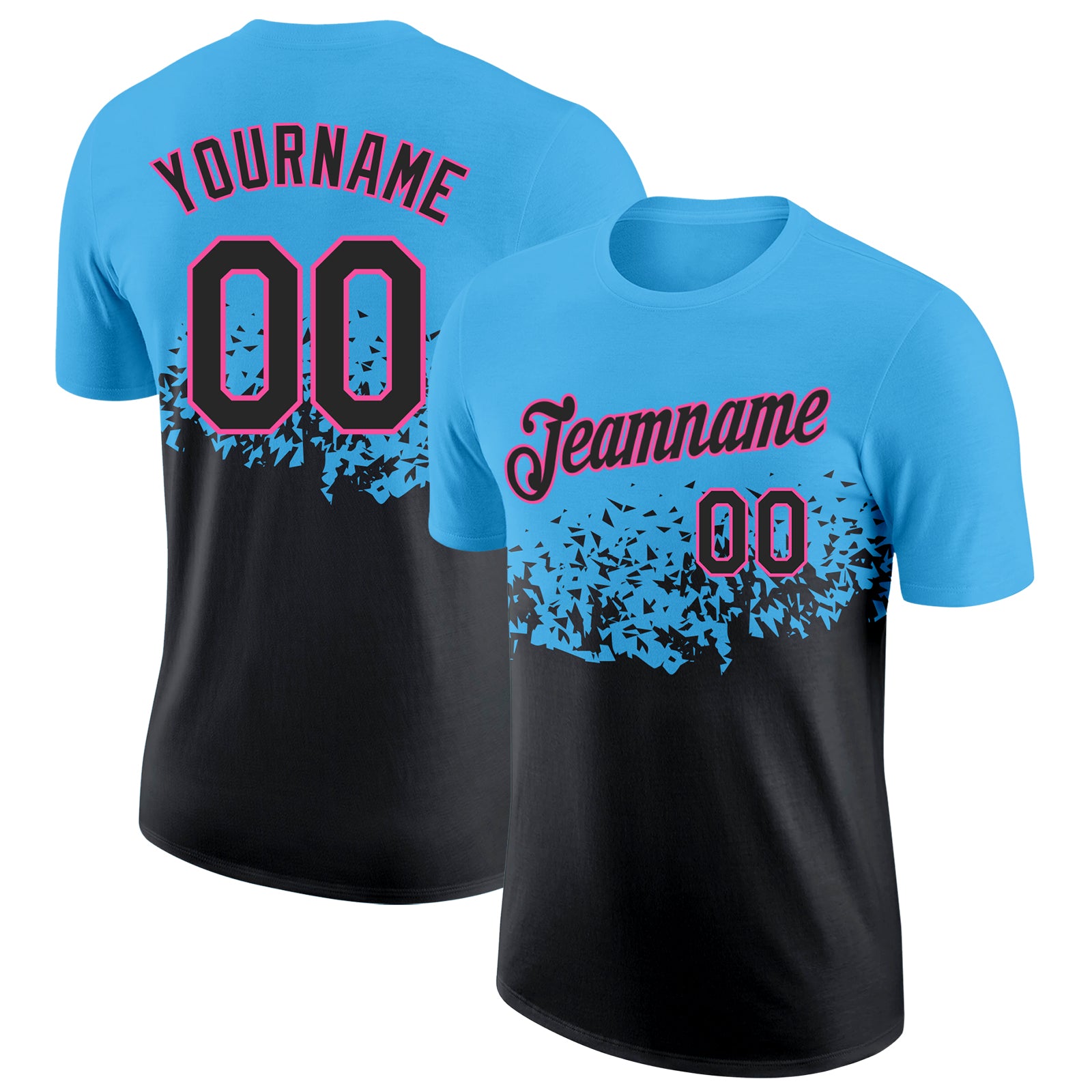 Custom Sky Blue Black-Pink Fade Geometric Splatter Fragmented Shards Performance T-Shirt