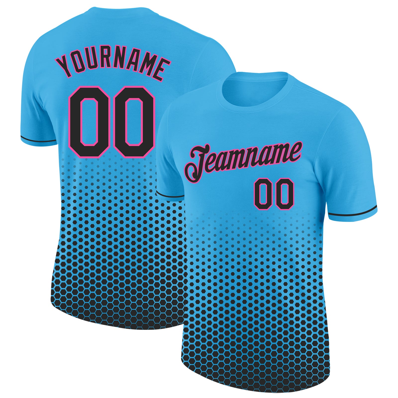 Custom Sky Blue Black-Pink Geometric Hexagonal Dot Gradient Performance T-Shirt