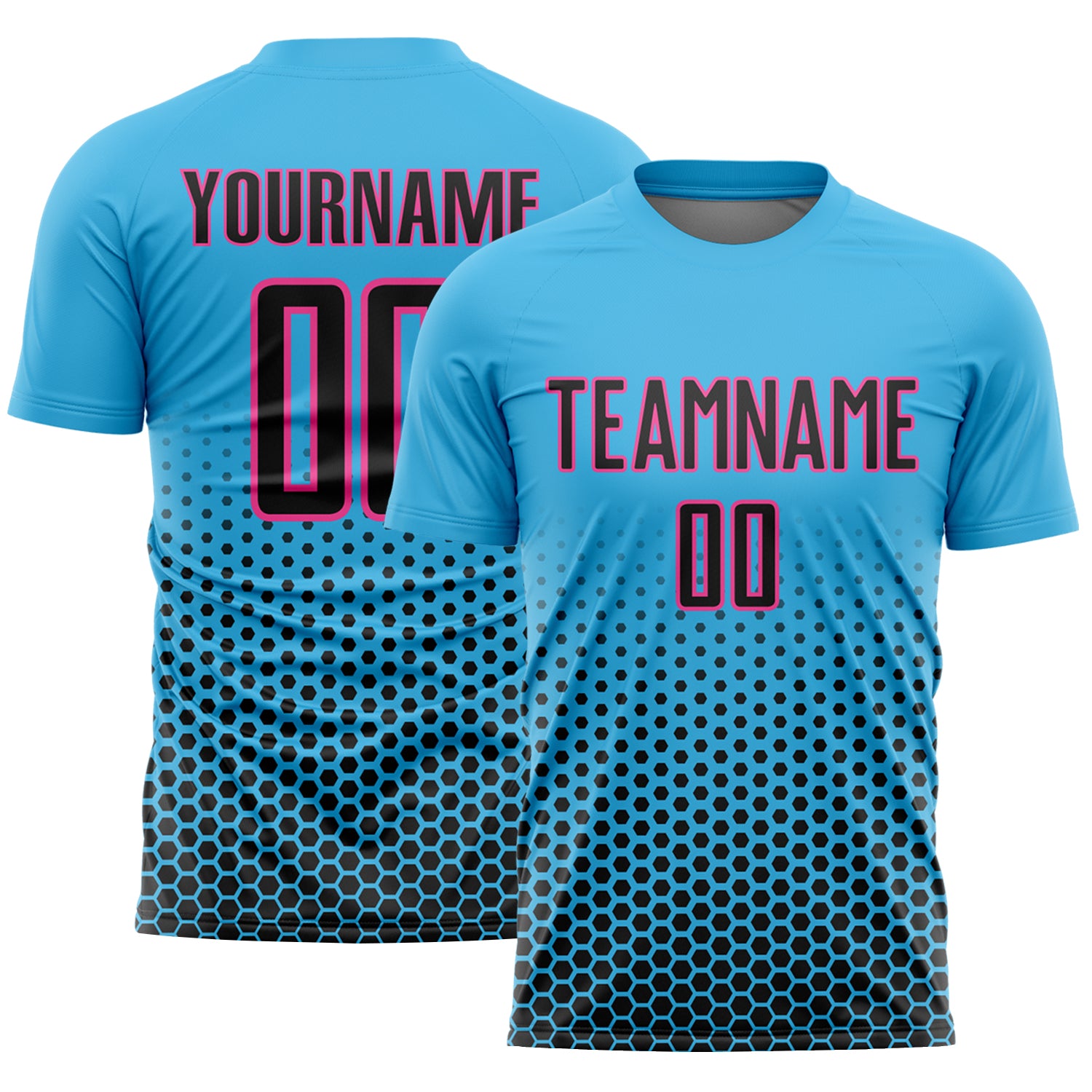Custom Sky Blue Black-Pink Geometric Hexagonal Dot Gradient Sublimation Soccer Uniform Jersey