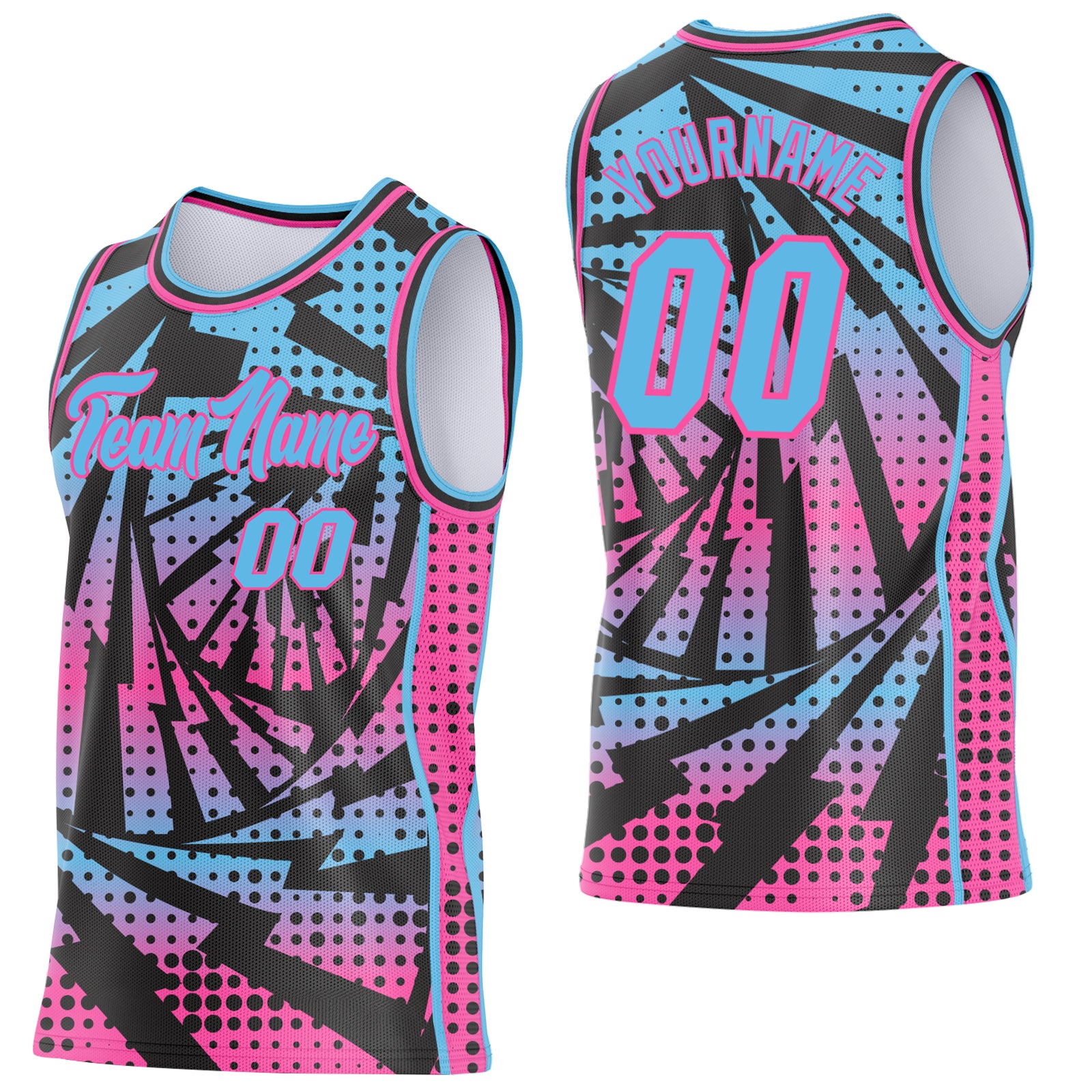 Custom Sky Blue Black-Pink Lightning Gradient Dot Side Panel Stripe Round Neck Sublimation Basketball Set Jersey