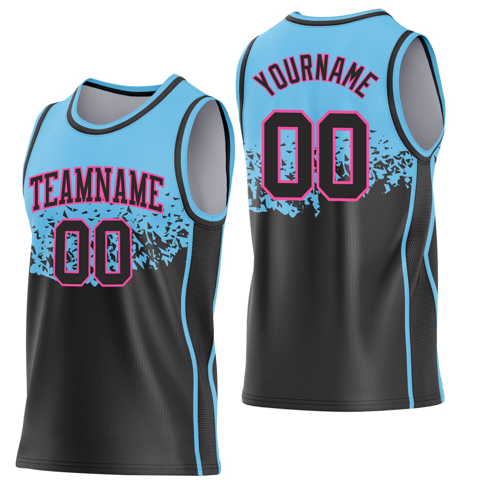 Custom Sky Blue Black-Pink Shattered Geometric Side Panel Stripe Round Neck Sublimation Basketball Set Jersey