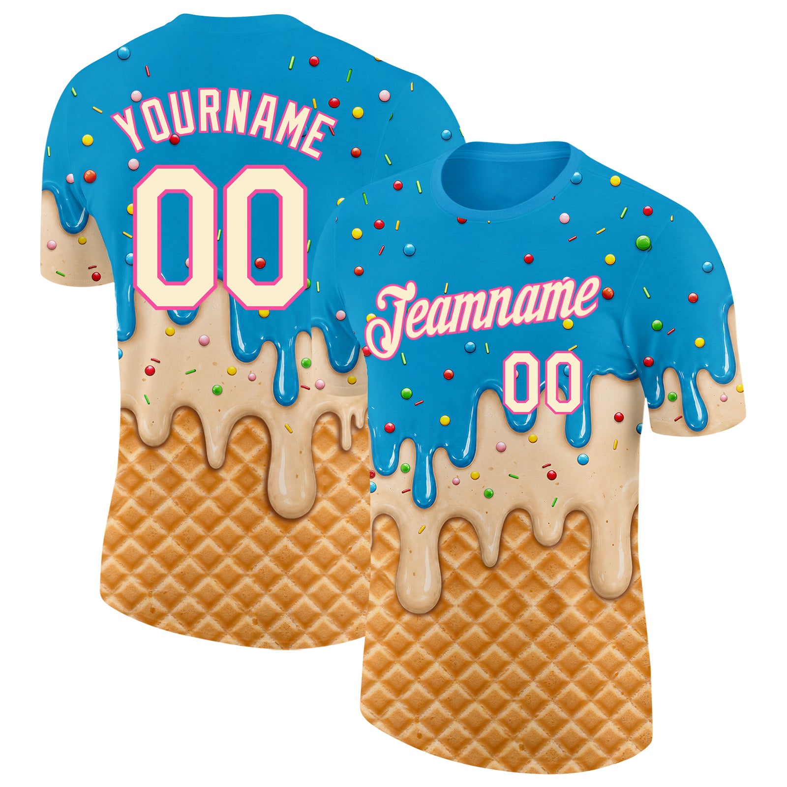 Custom Sky Blue Cream-Pink Ice Cream Waffle Foodie Dessert Performance T-Shirt