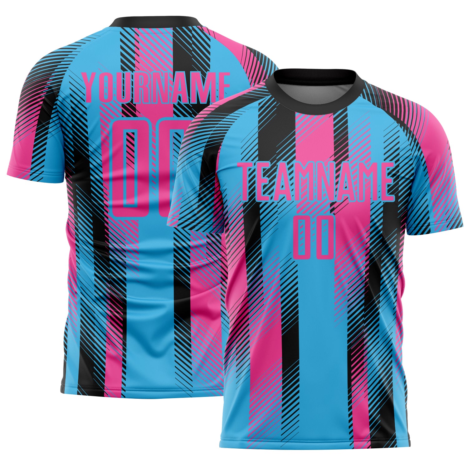 Custom Sky Blue Pink-Black Diagonal Stripe Sports Sublimation Soccer Uniform Jersey