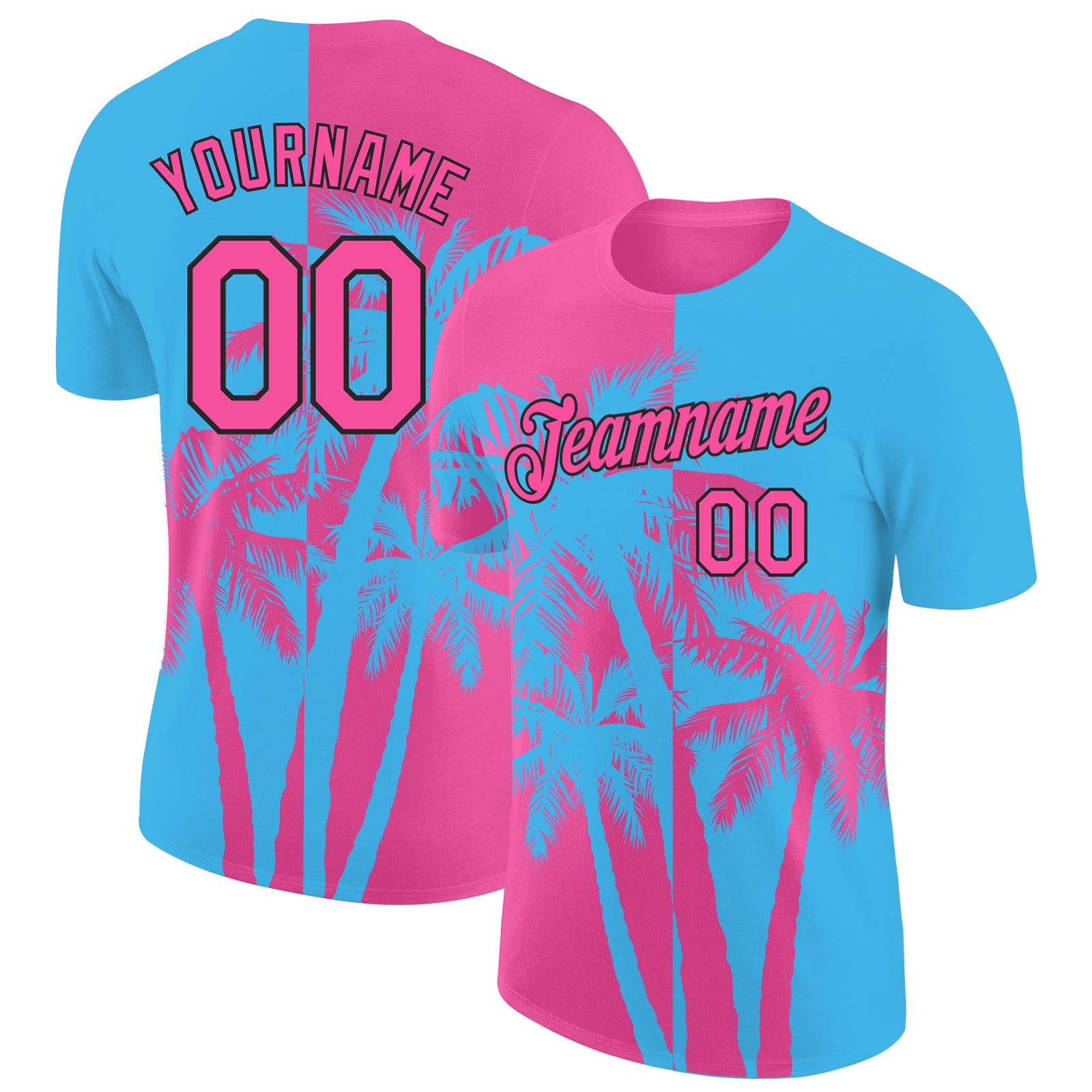 Custom Sky Blue Pink-Black Hawaii Tropical Coastal Palm Trees Performance T-Shirt