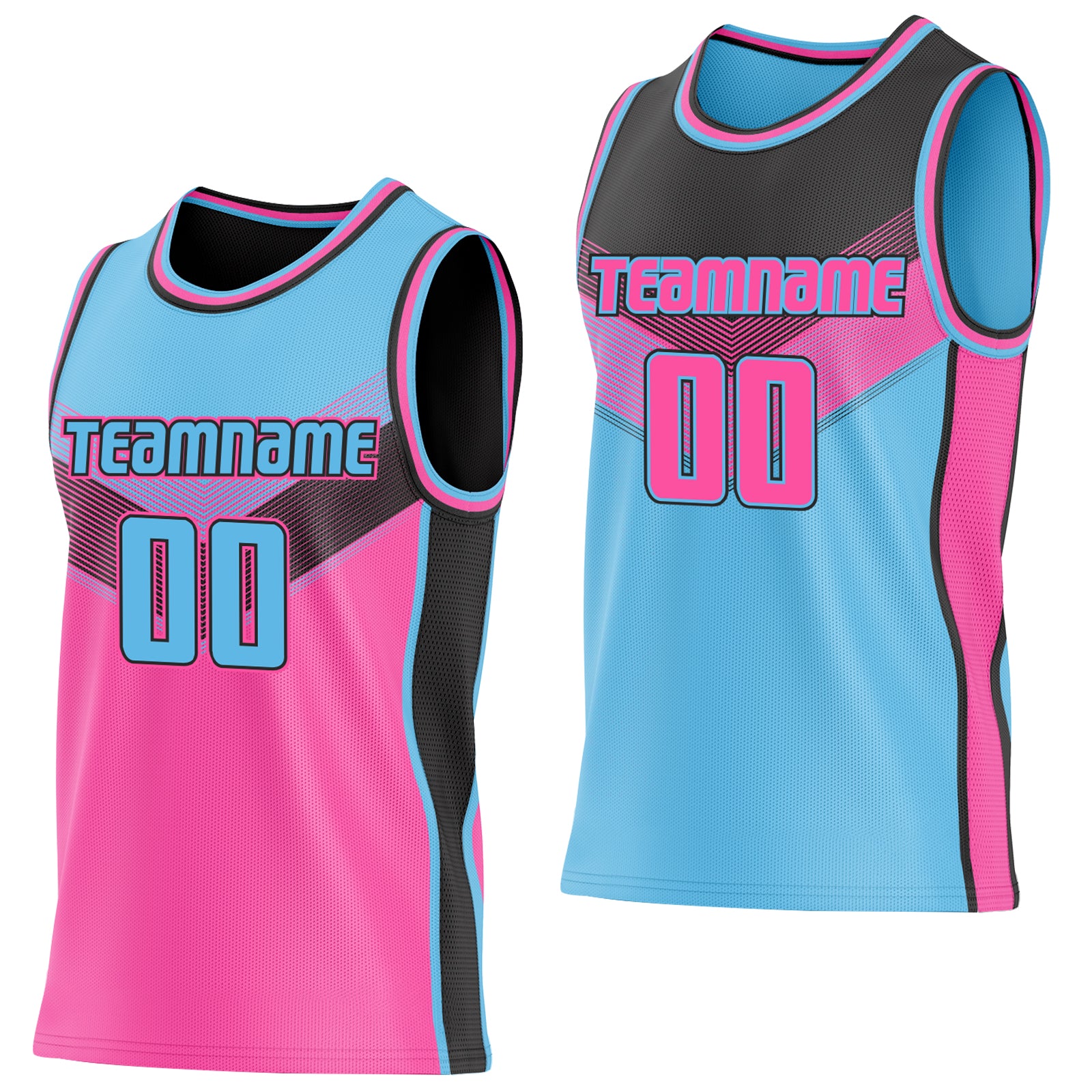 Custom Sky Blue Pink-Black Side Panel Stripe Geometric V-Cut Color Block Reversible Double Side Sublimation Basketball Set Jersey