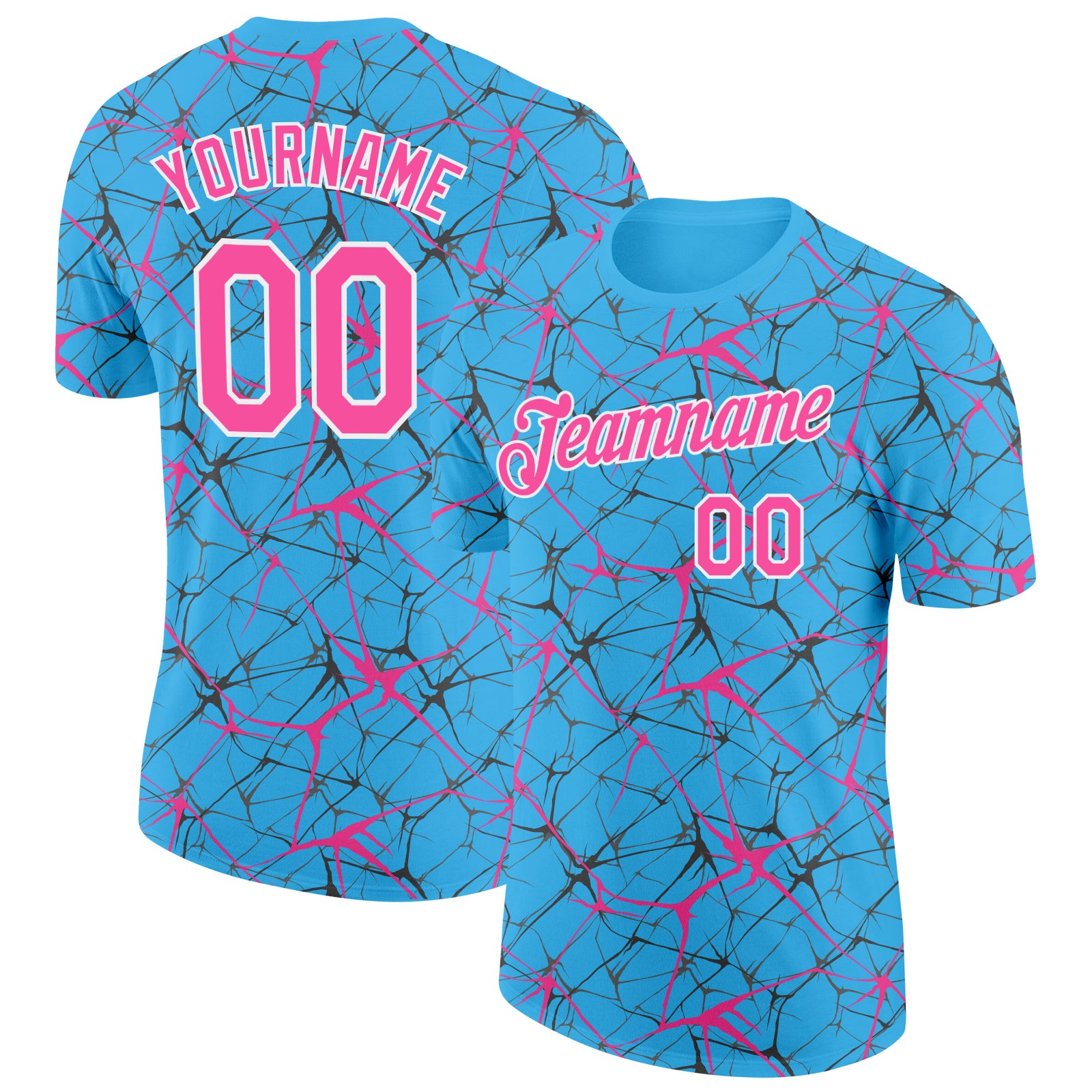 Custom Sky Blue Pink Gray-White Abstract Network Crackle Performance T-Shirt