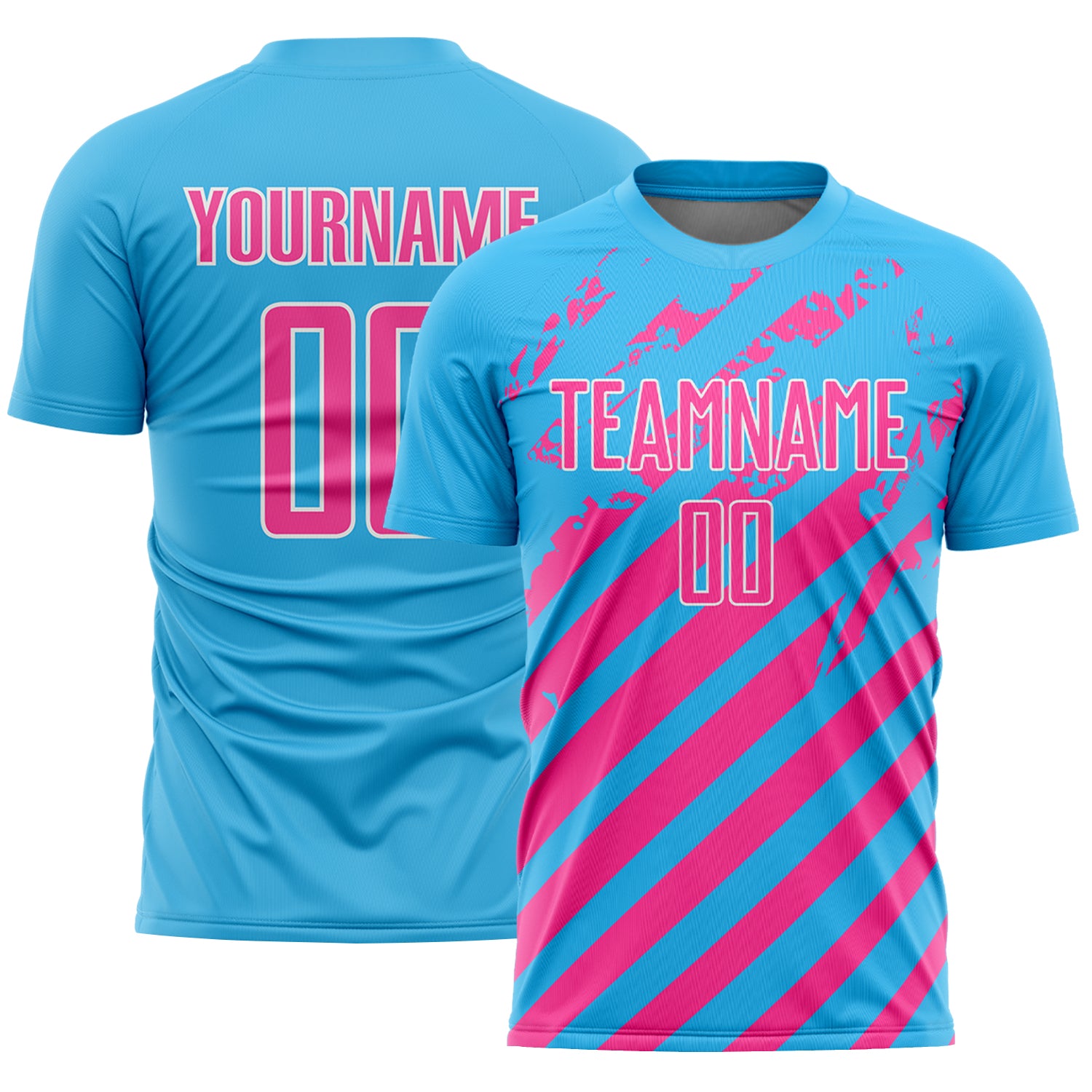 Custom Sky Blue Pink-White Distressed Diagonal Stripe Pattern Sports Sublimation Soccer Uniform Jersey