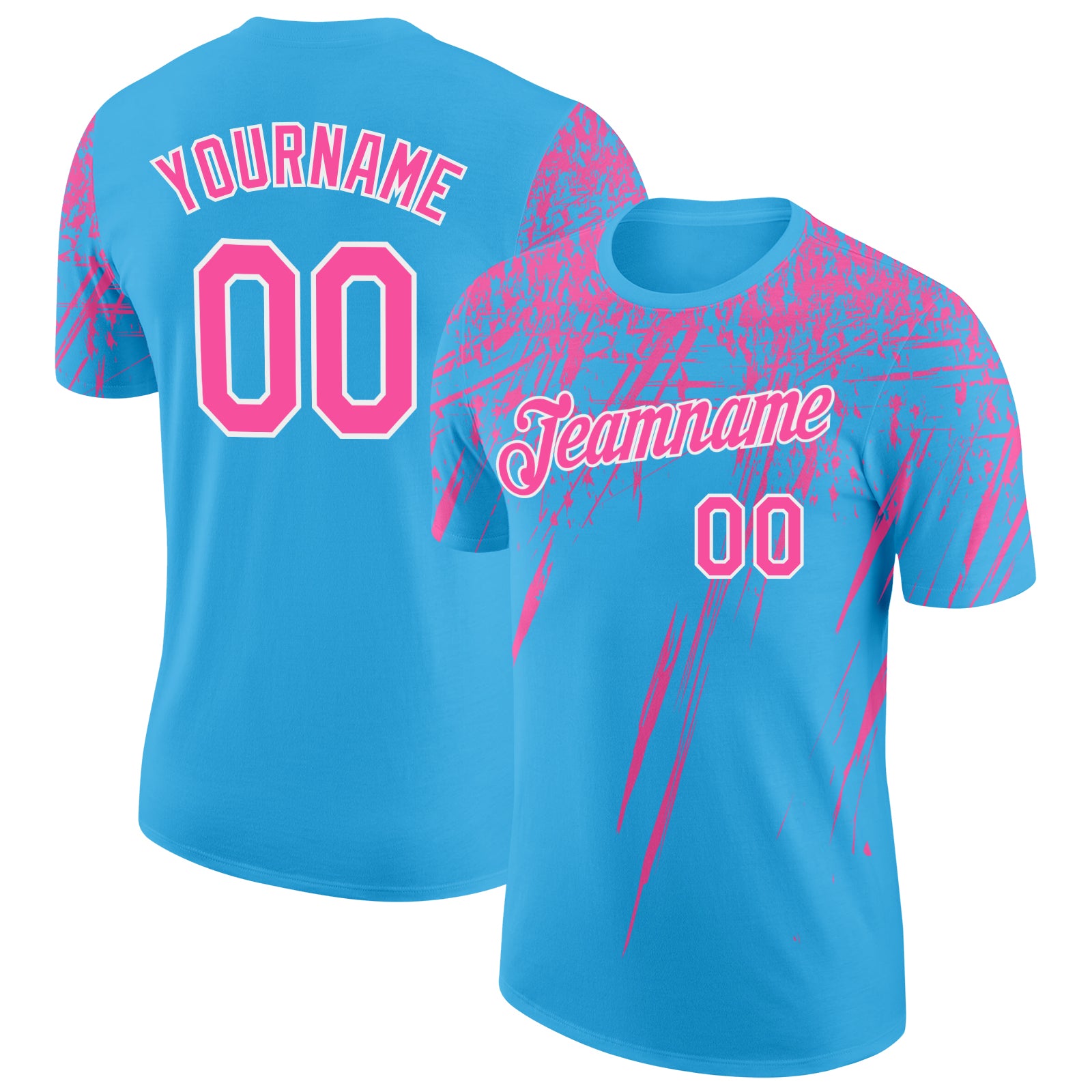 Custom Sky Blue Pink-White Distressed Scratch Brush Stroke Performance T-Shirt