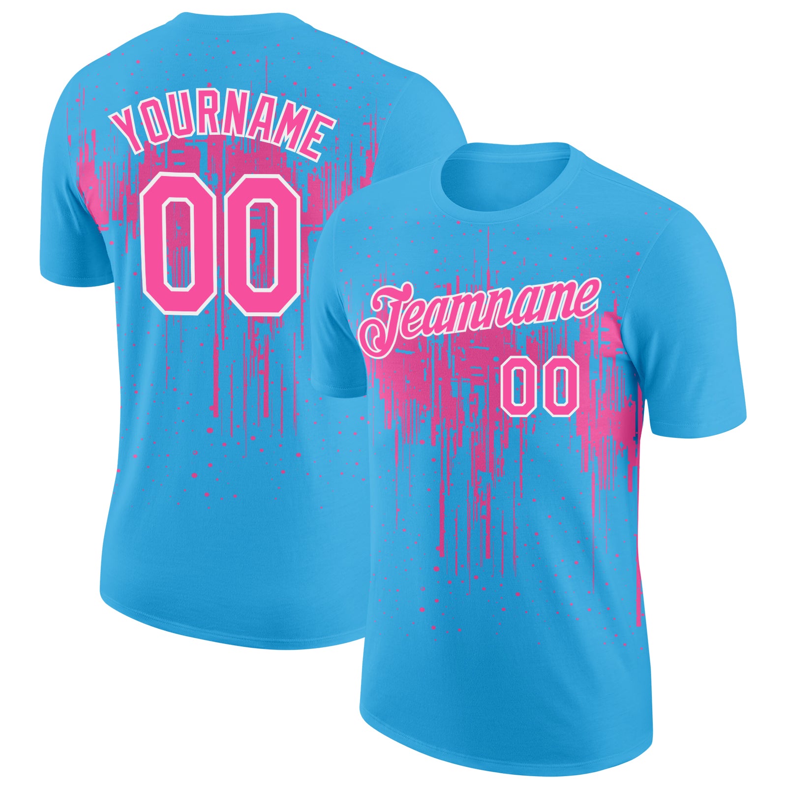 Custom Sky Blue Pink-White Dripping Splatter Paint Performance T-Shirt