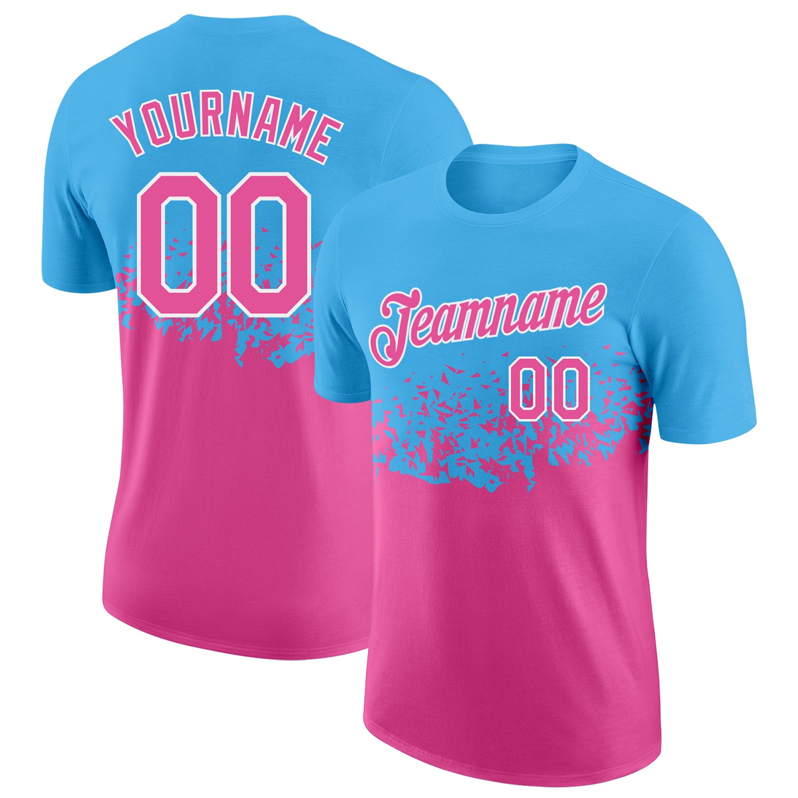 Custom Sky Blue Pink-White Fade Geometric Splatter Fragmented Shards Performance T-Shirt