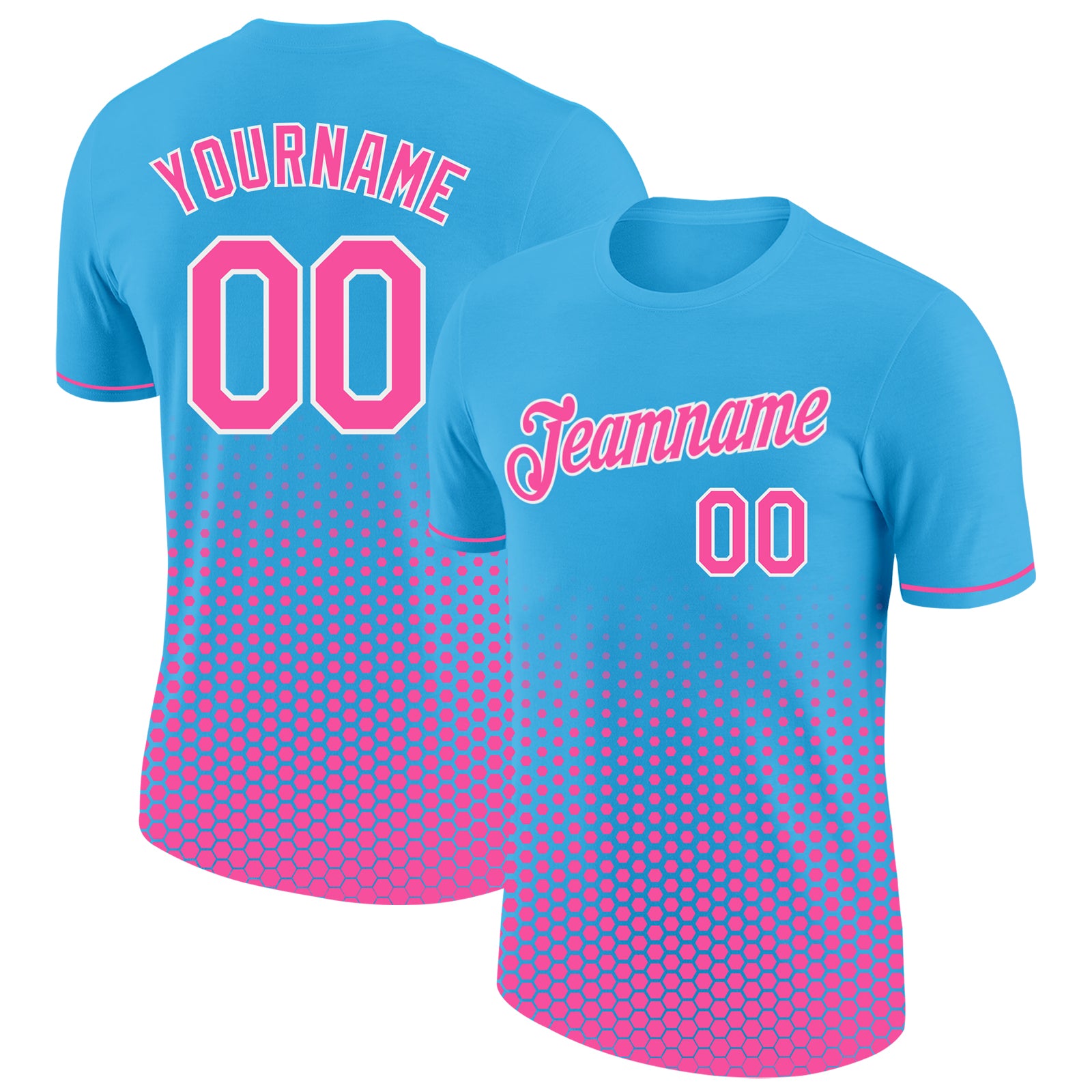 Custom Sky Blue Pink-White Geometric Hexagonal Dot Gradient Performance T-Shirt