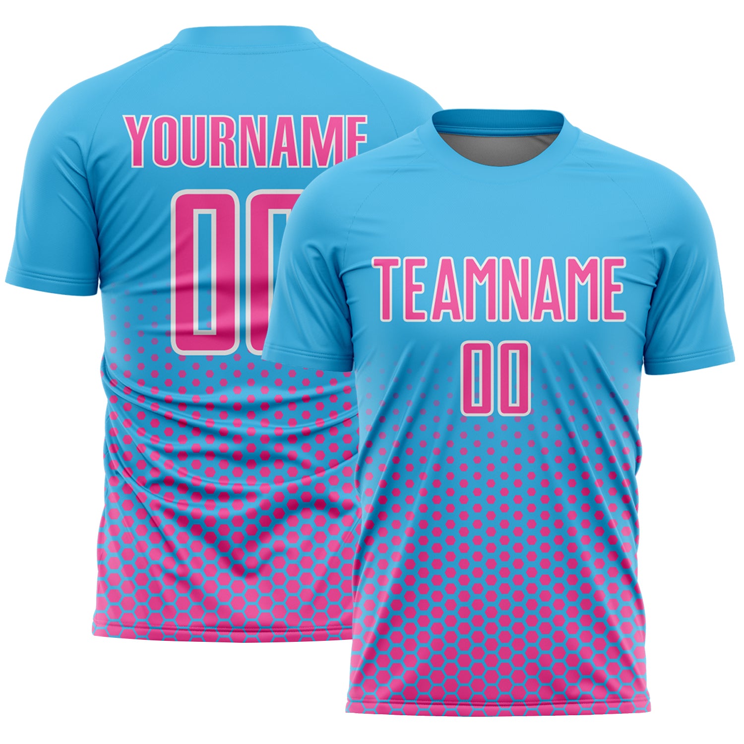 Custom Sky Blue Pink-White Geometric Hexagonal Dot Gradient Sublimation Soccer Uniform Jersey