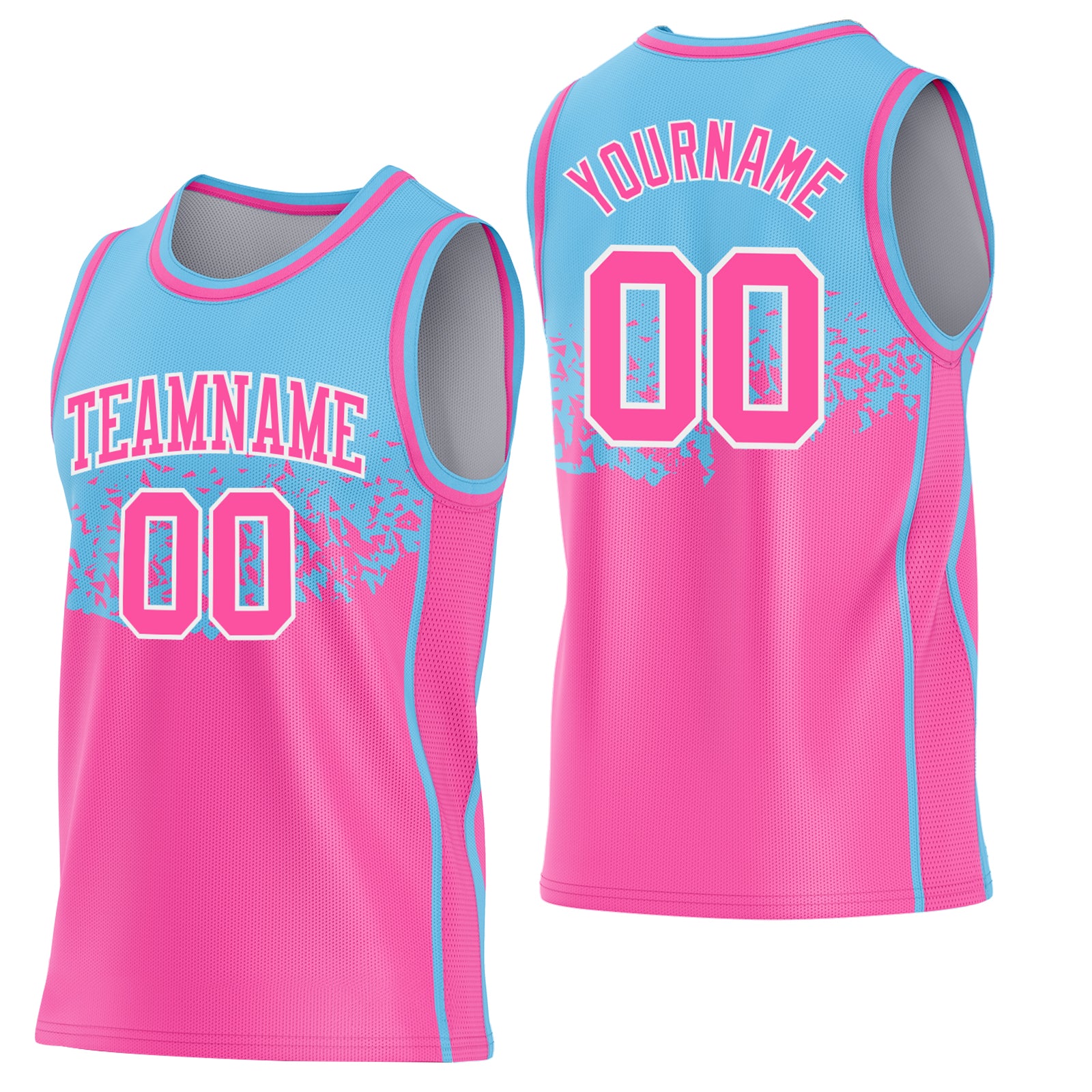 Custom Sky Blue Pink-White Shattered Geometric Side Panel Stripe Round Neck Sublimation Basketball Set Jersey